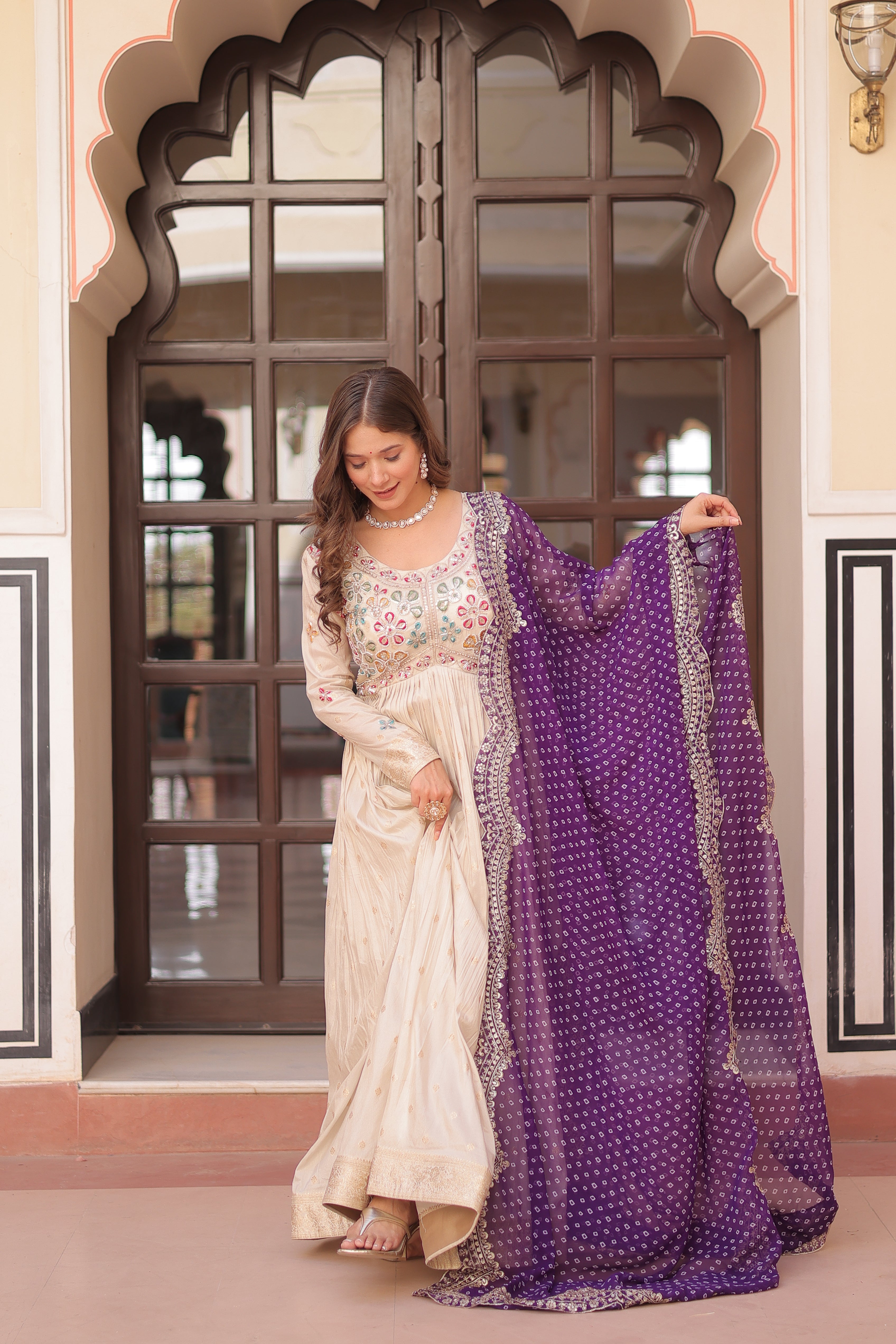 Cosmos Weaving Jacquard Embroidered Gown With Bandhani Dupatta