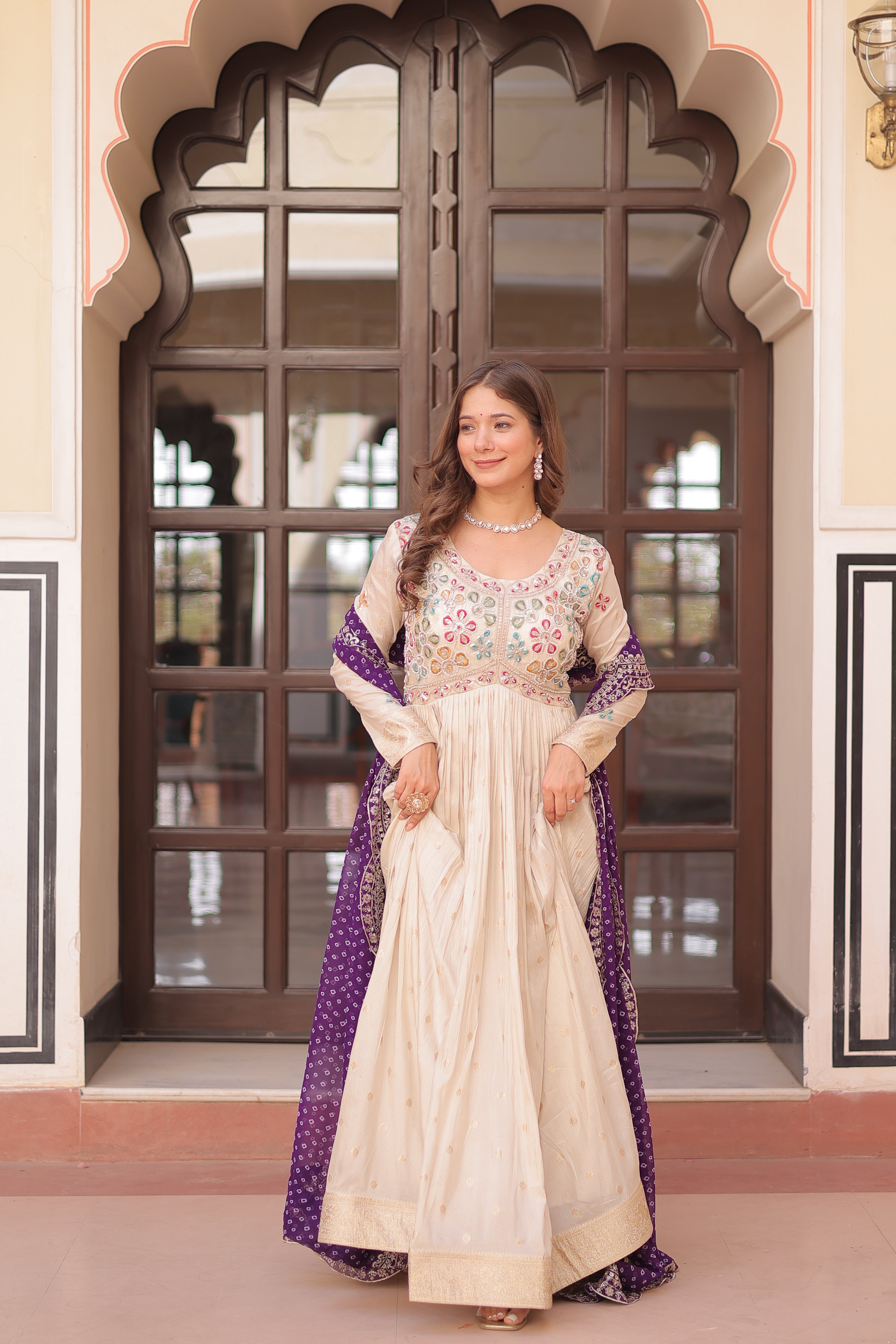 Cosmos Weaving Jacquard Embroidered Gown With Bandhani Dupatta