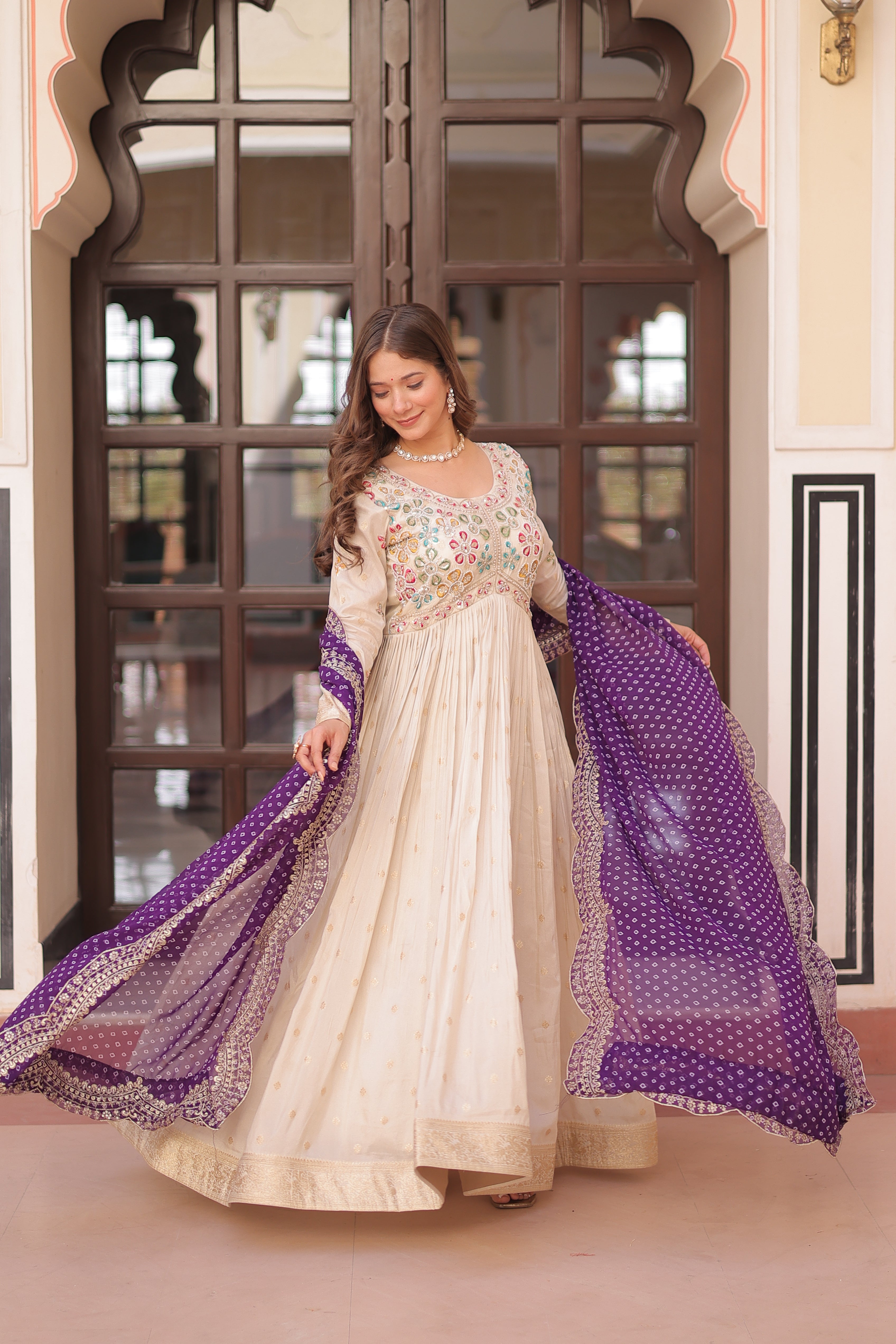 Cosmos Weaving Jacquard Embroidered Gown With Bandhani Dupatta