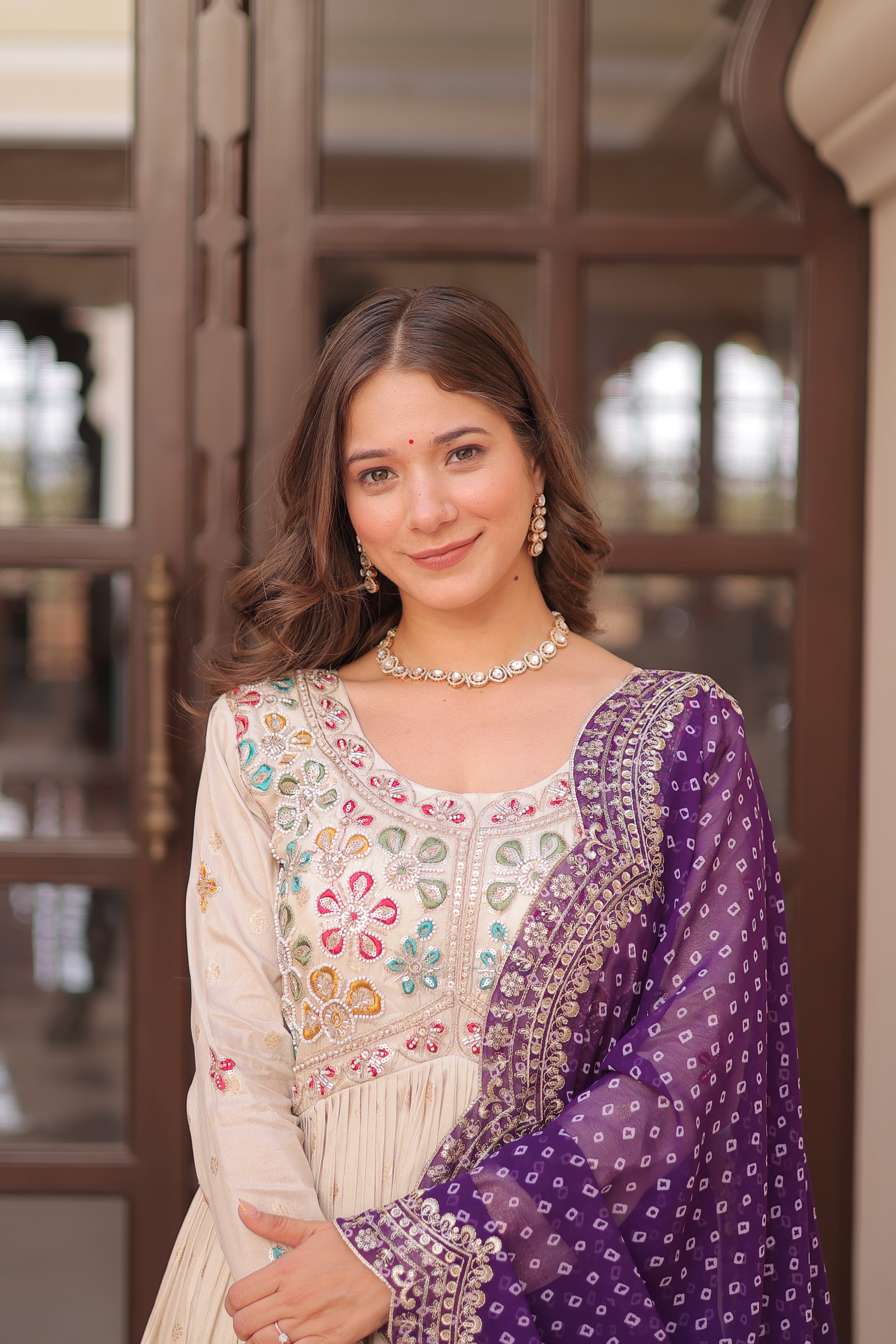 Cosmos Weaving Jacquard Embroidered Gown With Bandhani Dupatta