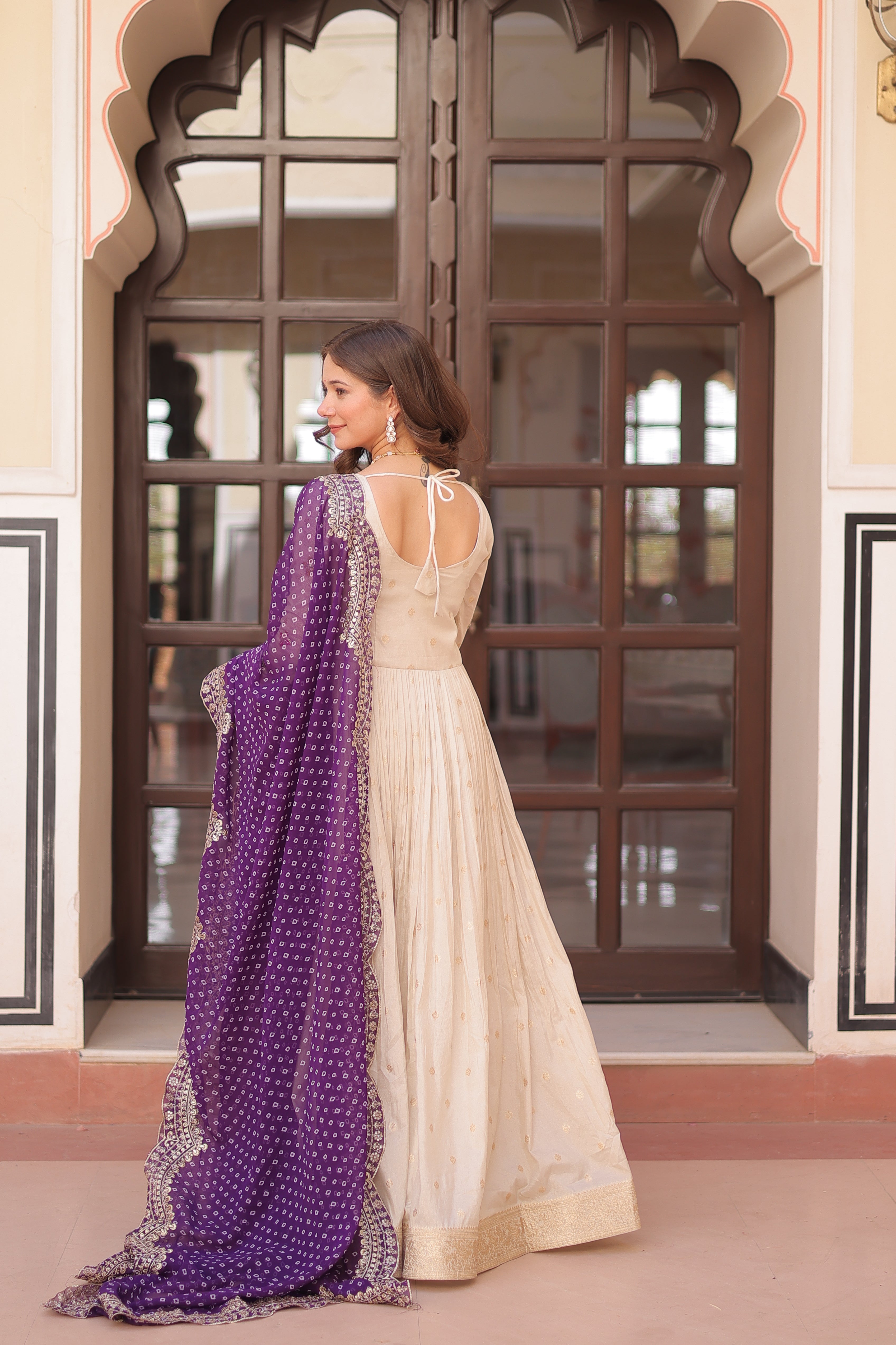 Cosmos Weaving Jacquard Embroidered Gown With Bandhani Dupatta