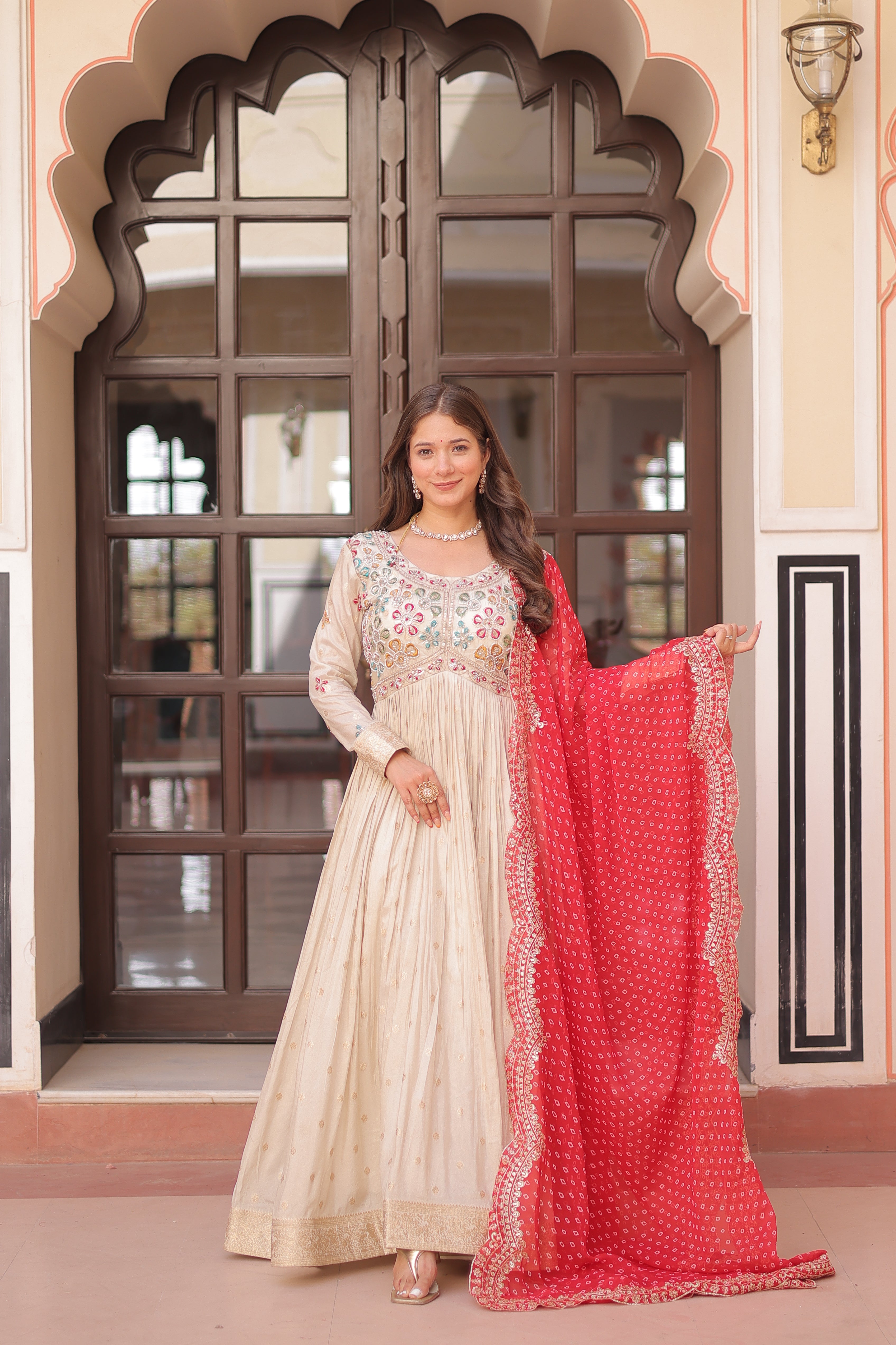 Cosmos Weaving Jacquard Embroidered Gown With Bandhani Dupatta
