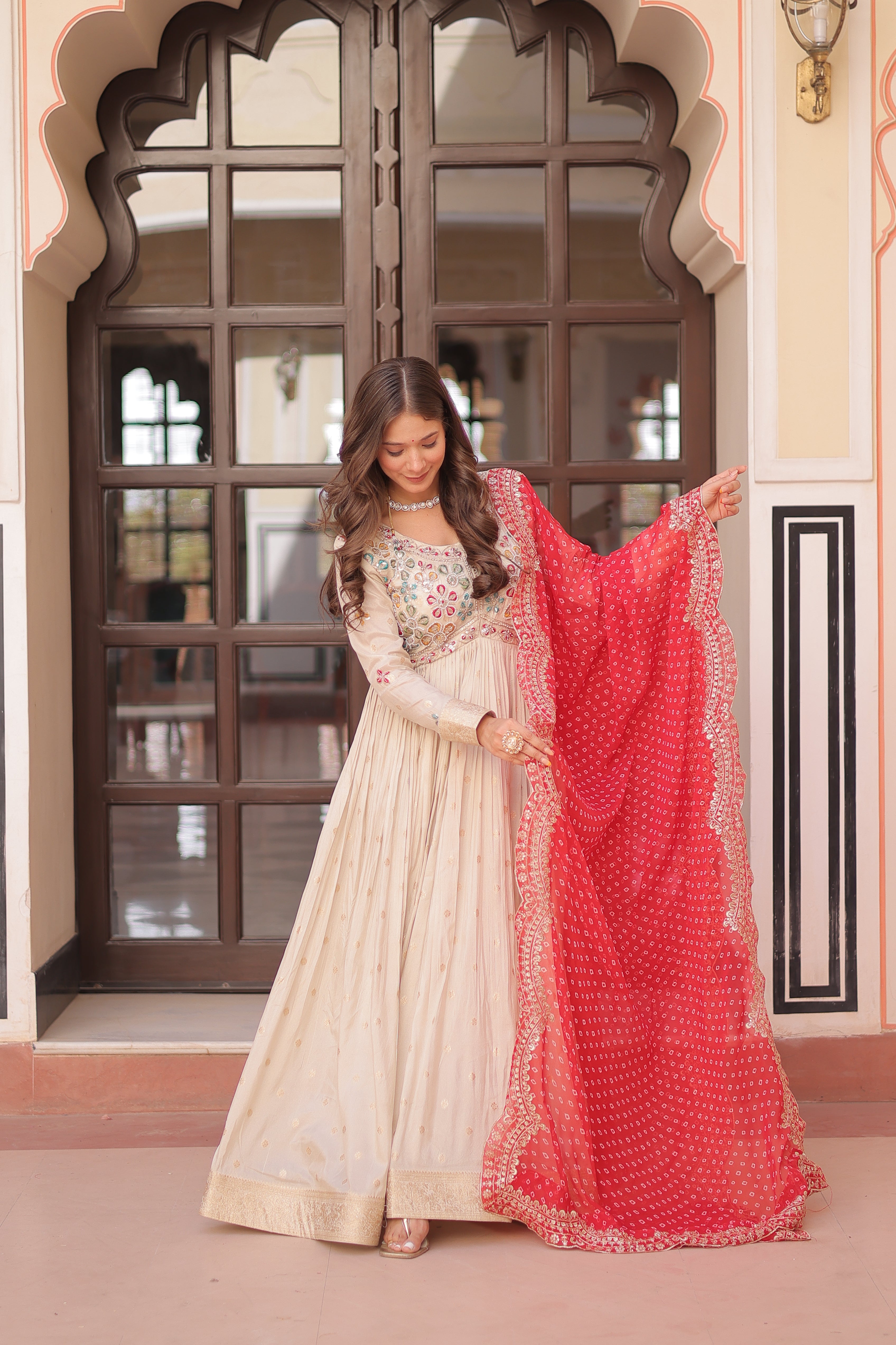Cosmos Weaving Jacquard Embroidered Gown With Bandhani Dupatta