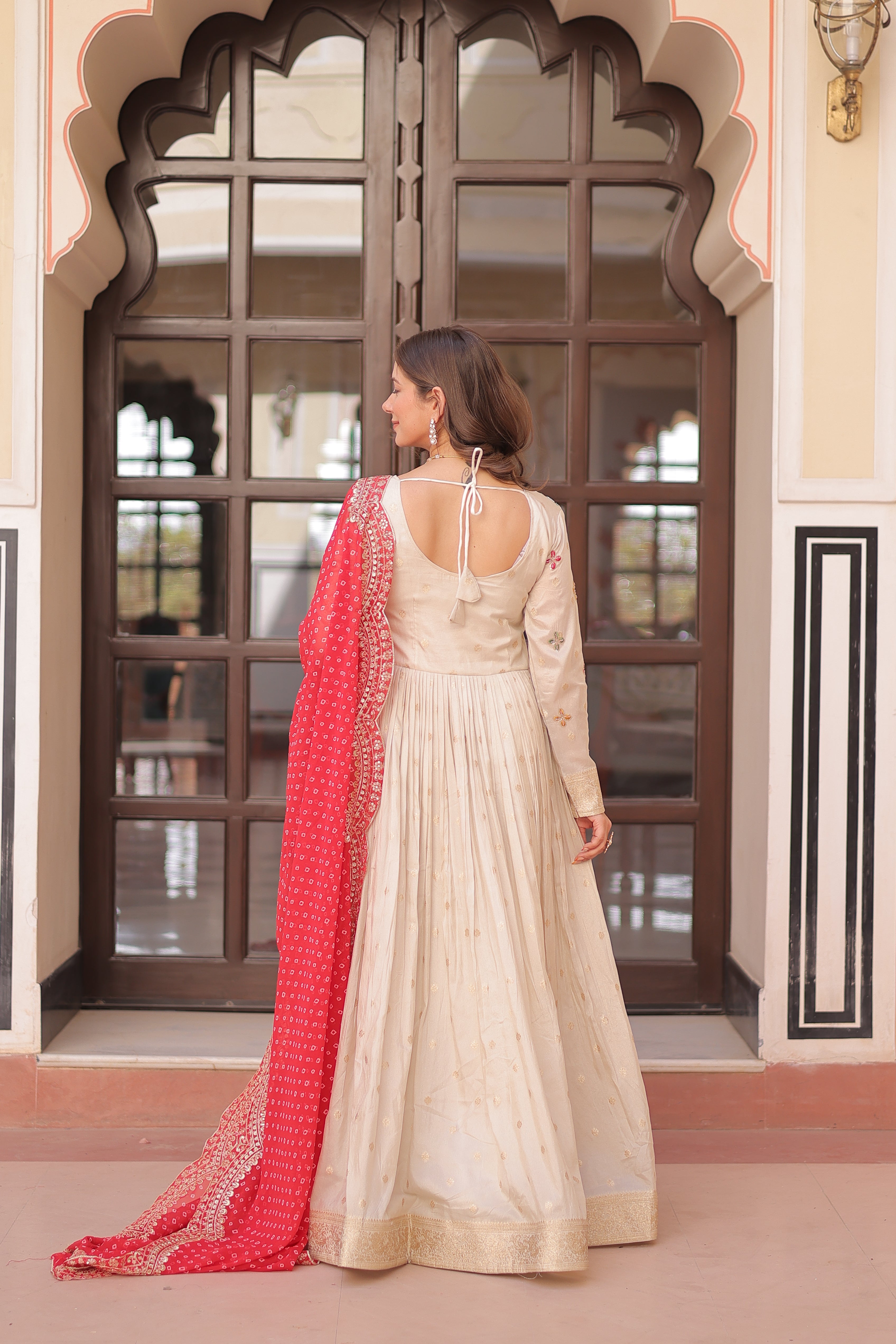 Cosmos Weaving Jacquard Embroidered Gown With Bandhani Dupatta