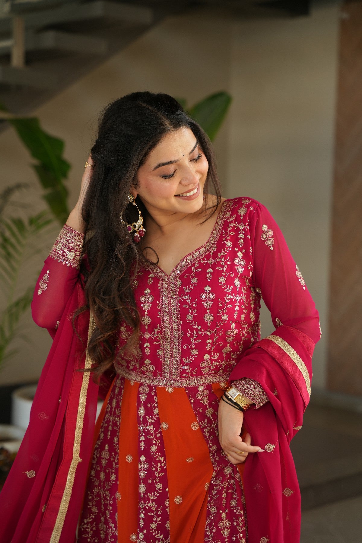 Pink Polished Georgette Sequins Embroidered Gown With Dupatta