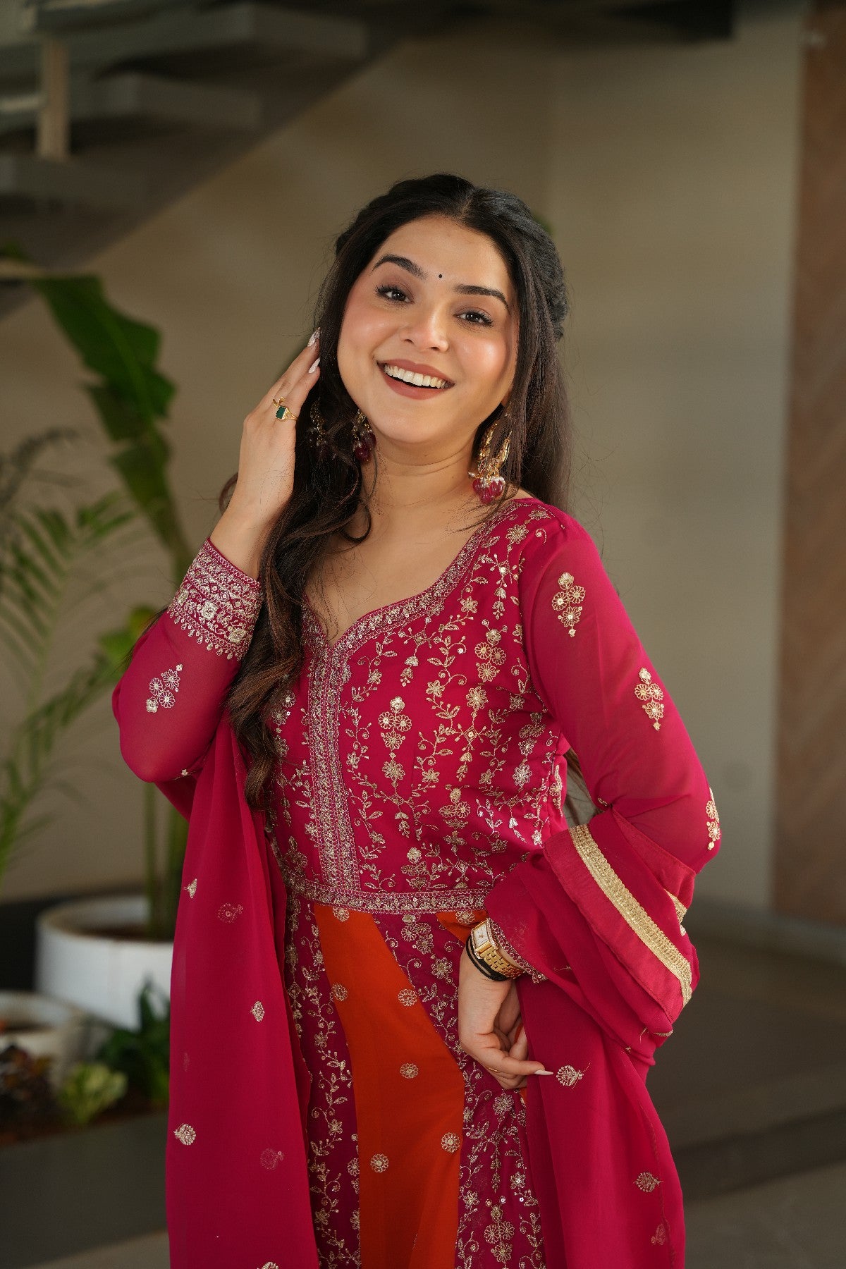Pink Polished Georgette Sequins Embroidered Gown With Dupatta