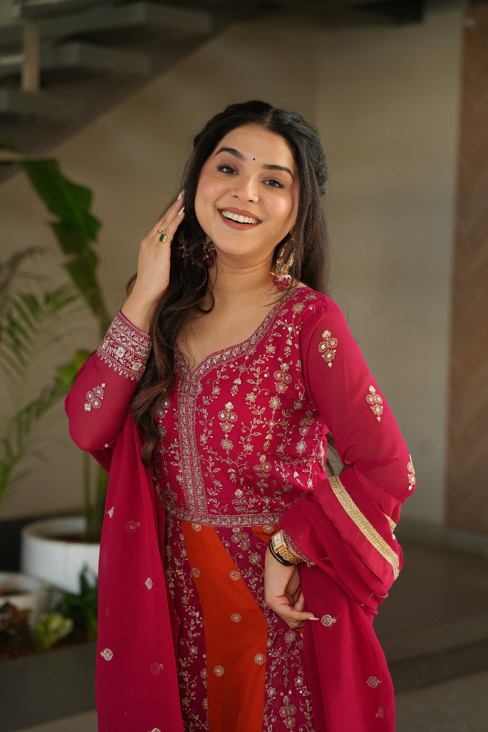 Pink Polished Georgette Sequins Embroidered Gown With Dupatta