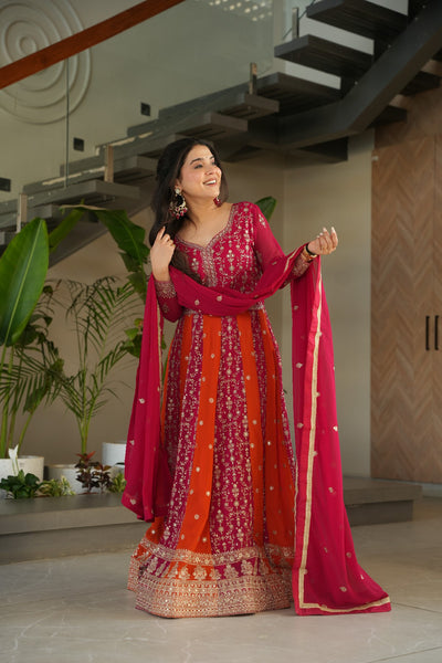 Pink Polished Georgette Sequins Embroidered Gown With Dupatta