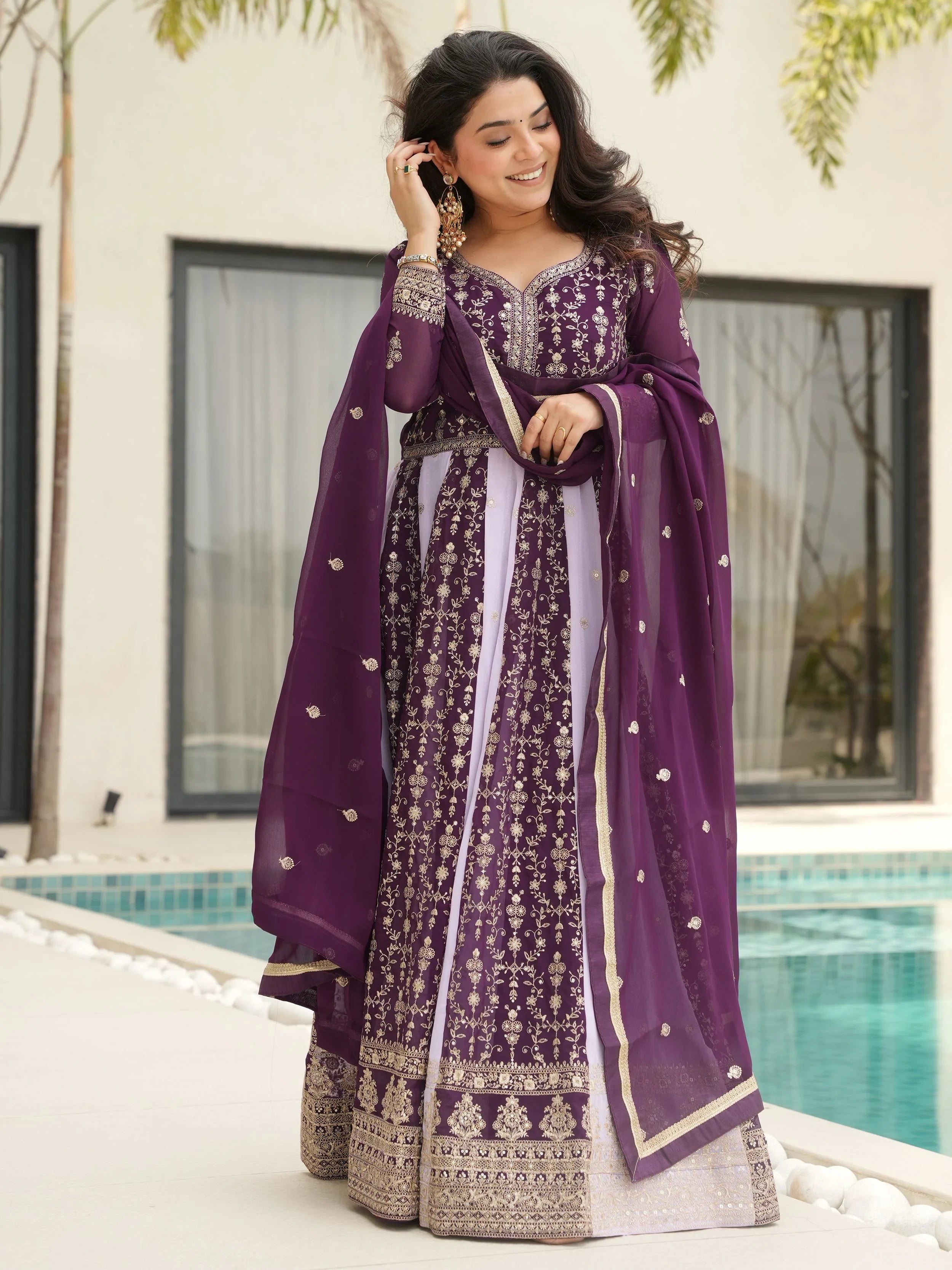 Wine Polished Georgette Sequins Embroidered Gown With Dupatta