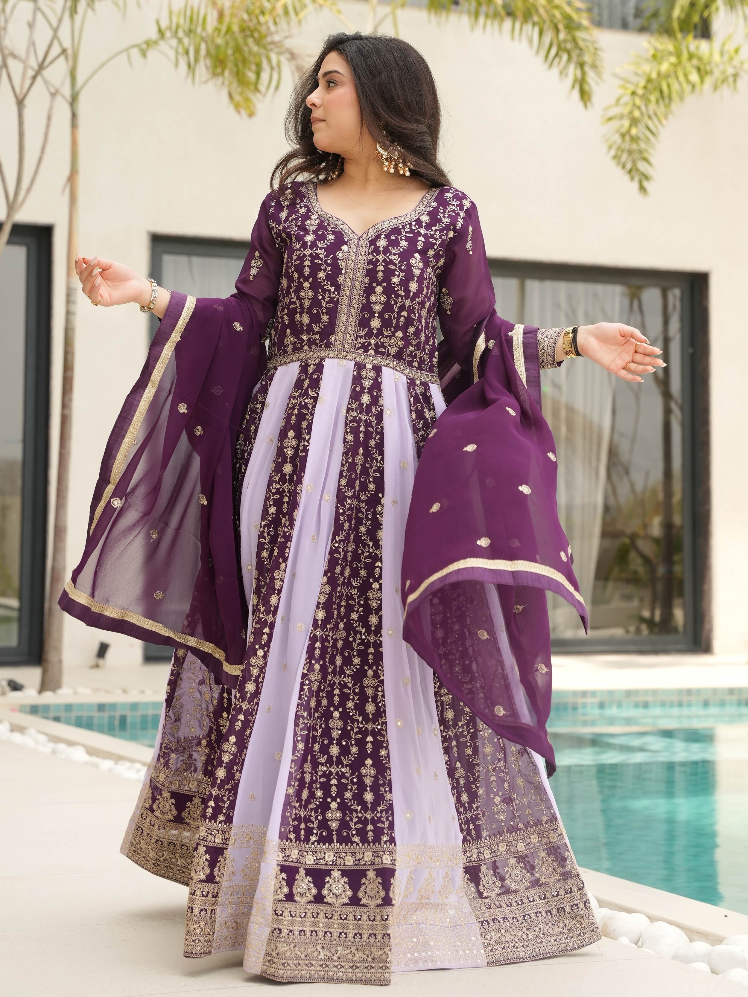 Wine Polished Georgette Sequins Embroidered Gown With Dupatta