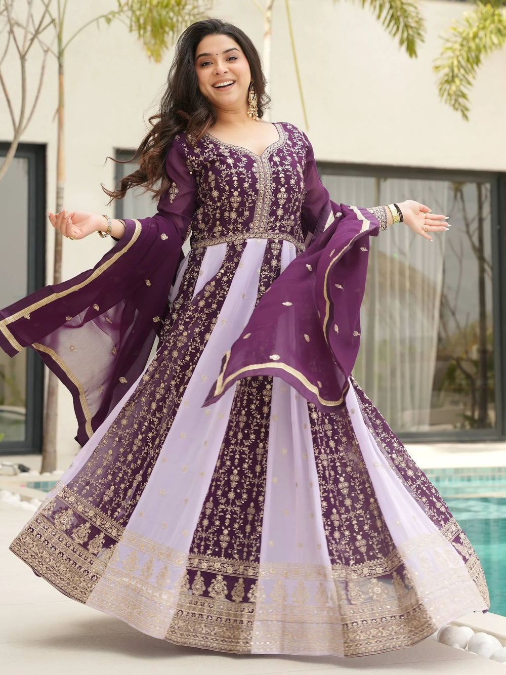 Wine Polished Georgette Sequins Embroidered Gown With Dupatta