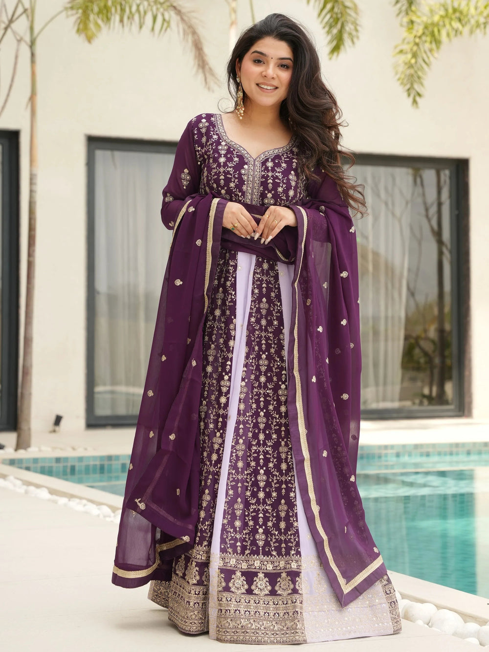 Wine Polished Georgette Sequins Embroidered Gown With Dupatta