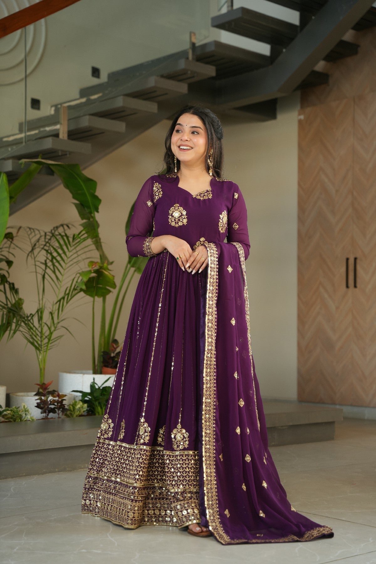 Sequins Embroidered Georgette Gown With Dupatta