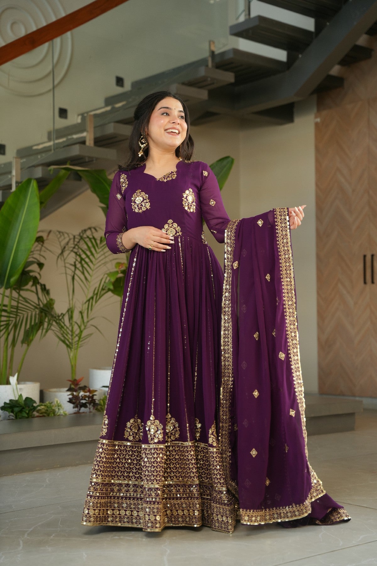Sequins Embroidered Georgette Gown With Dupatta
