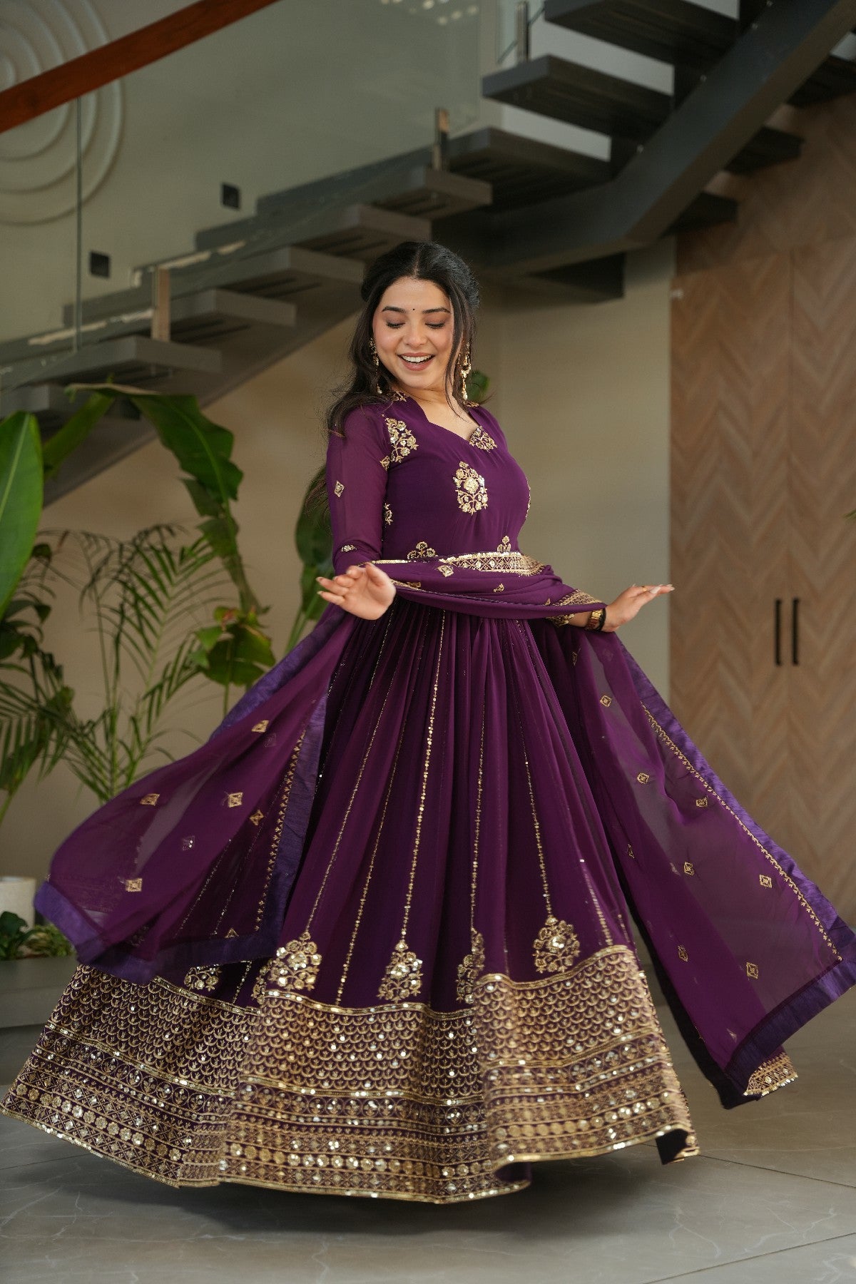 Sequins Embroidered Georgette Gown With Dupatta