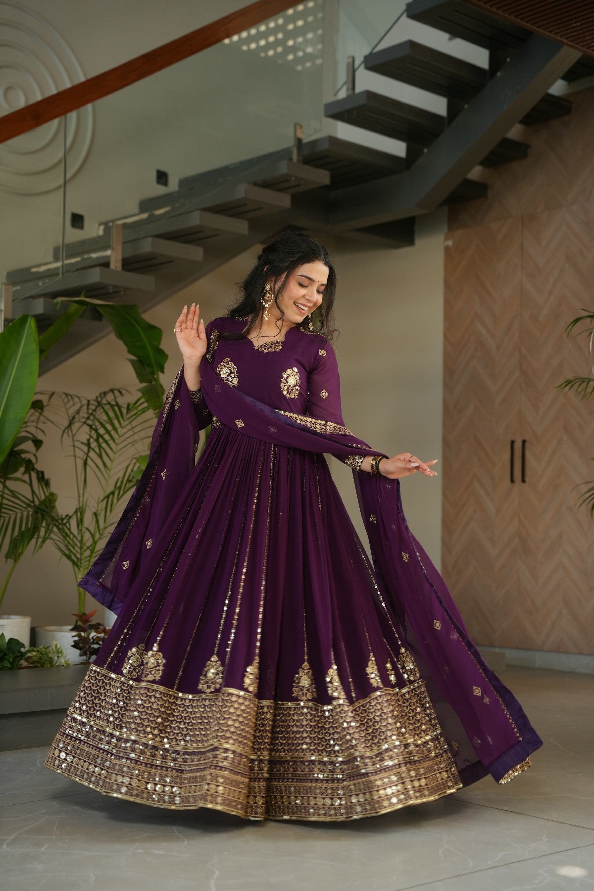 Sequins Embroidered Georgette Gown With Dupatta