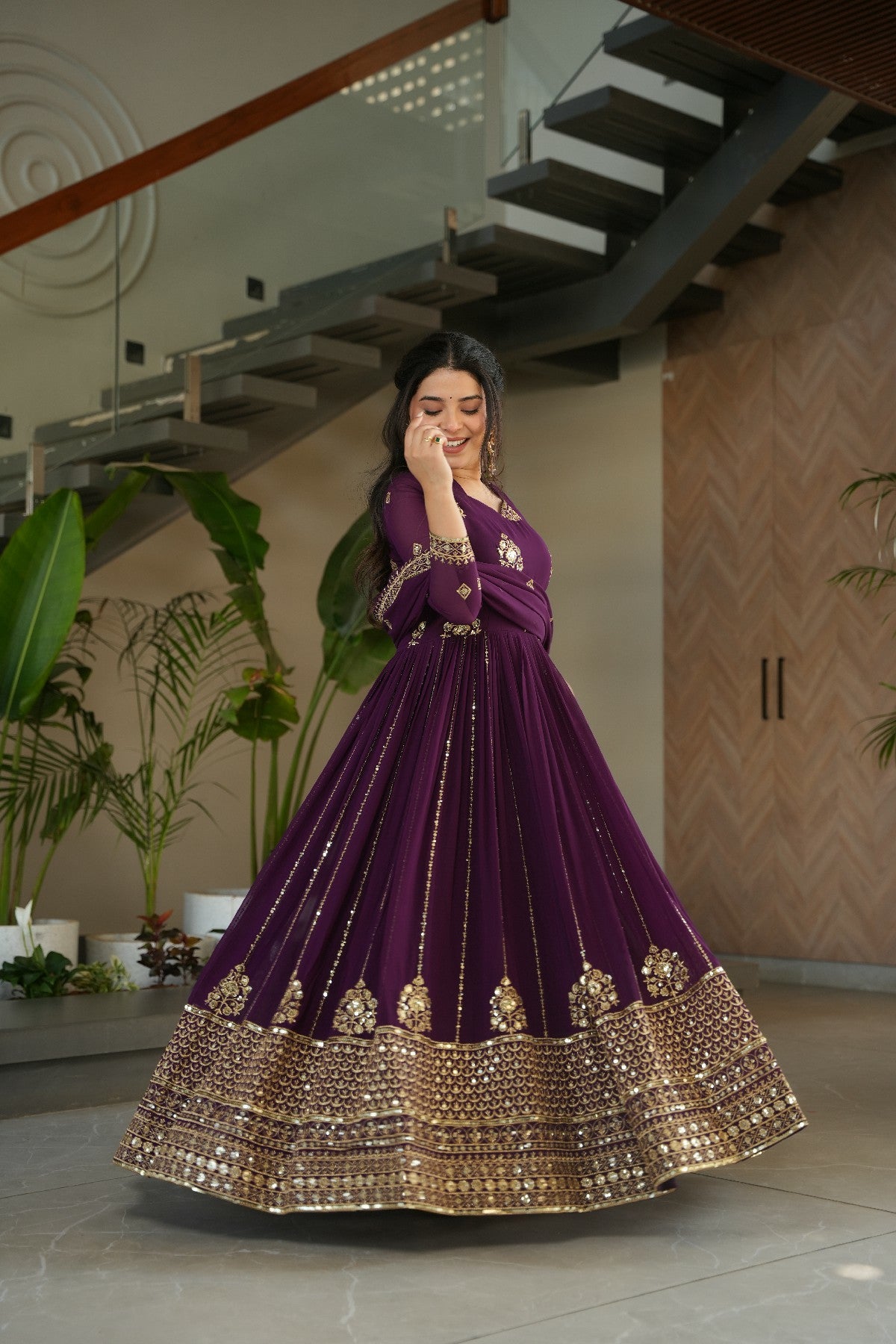 Sequins Embroidered Georgette Gown With Dupatta
