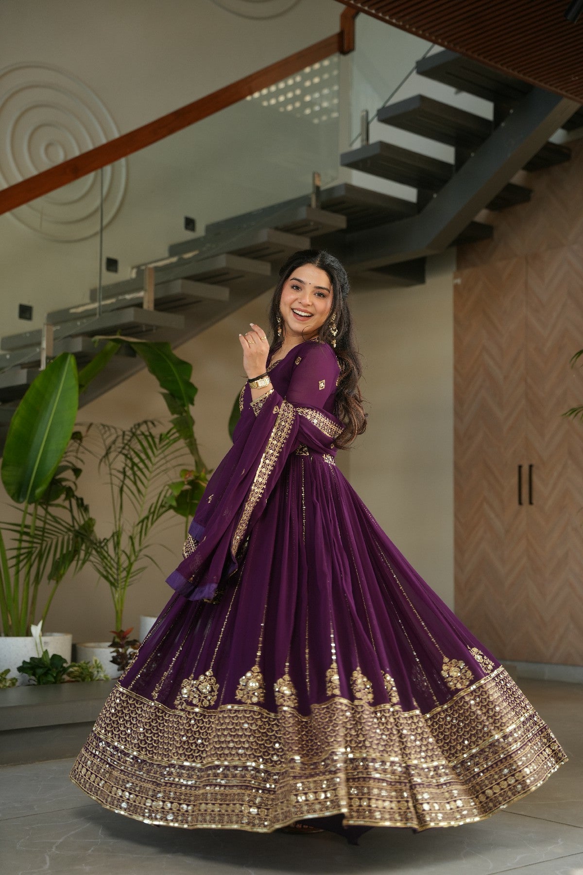Sequins Embroidered Georgette Gown With Dupatta