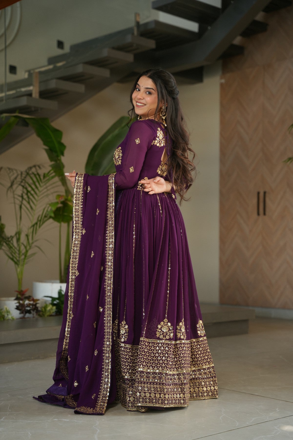 Sequins Embroidered Georgette Gown With Dupatta