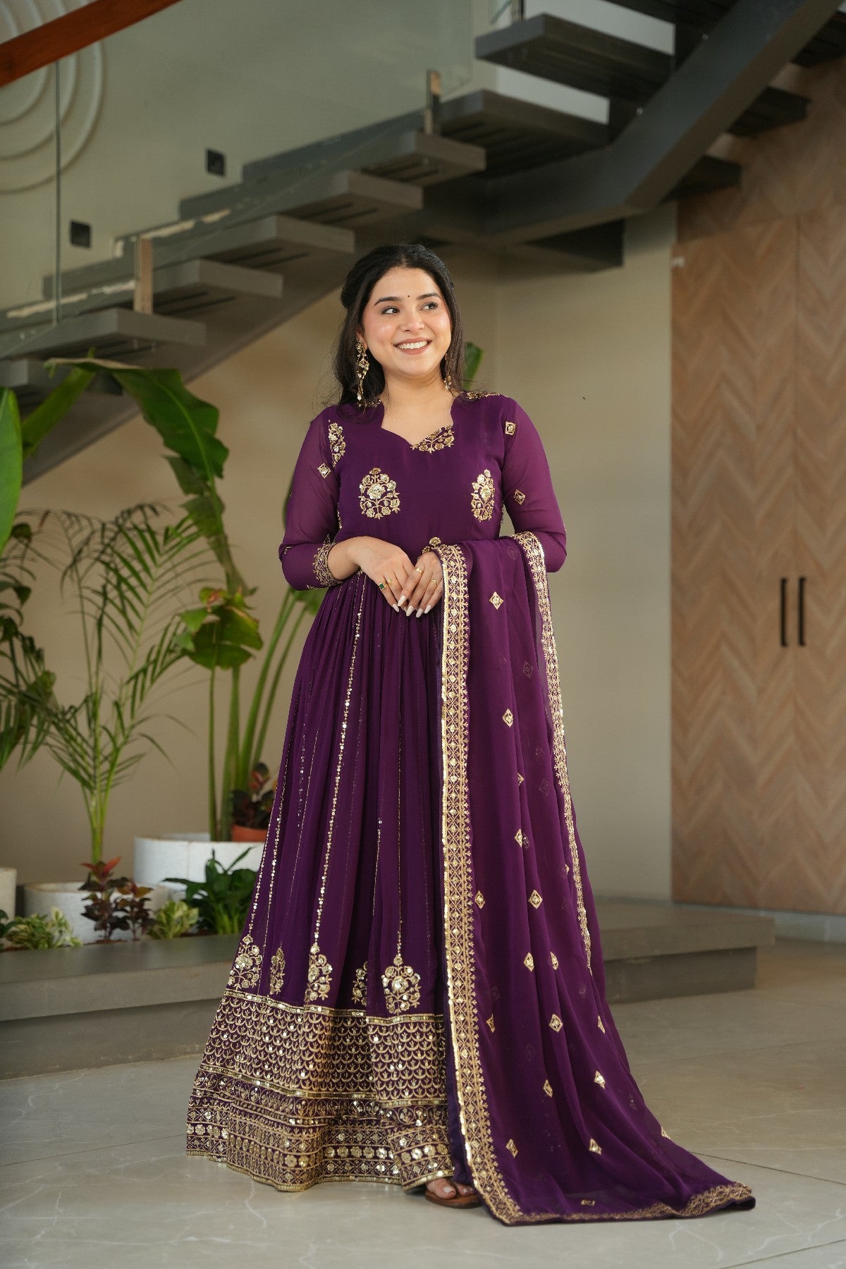 Sequins Embroidered Georgette Gown With Dupatta