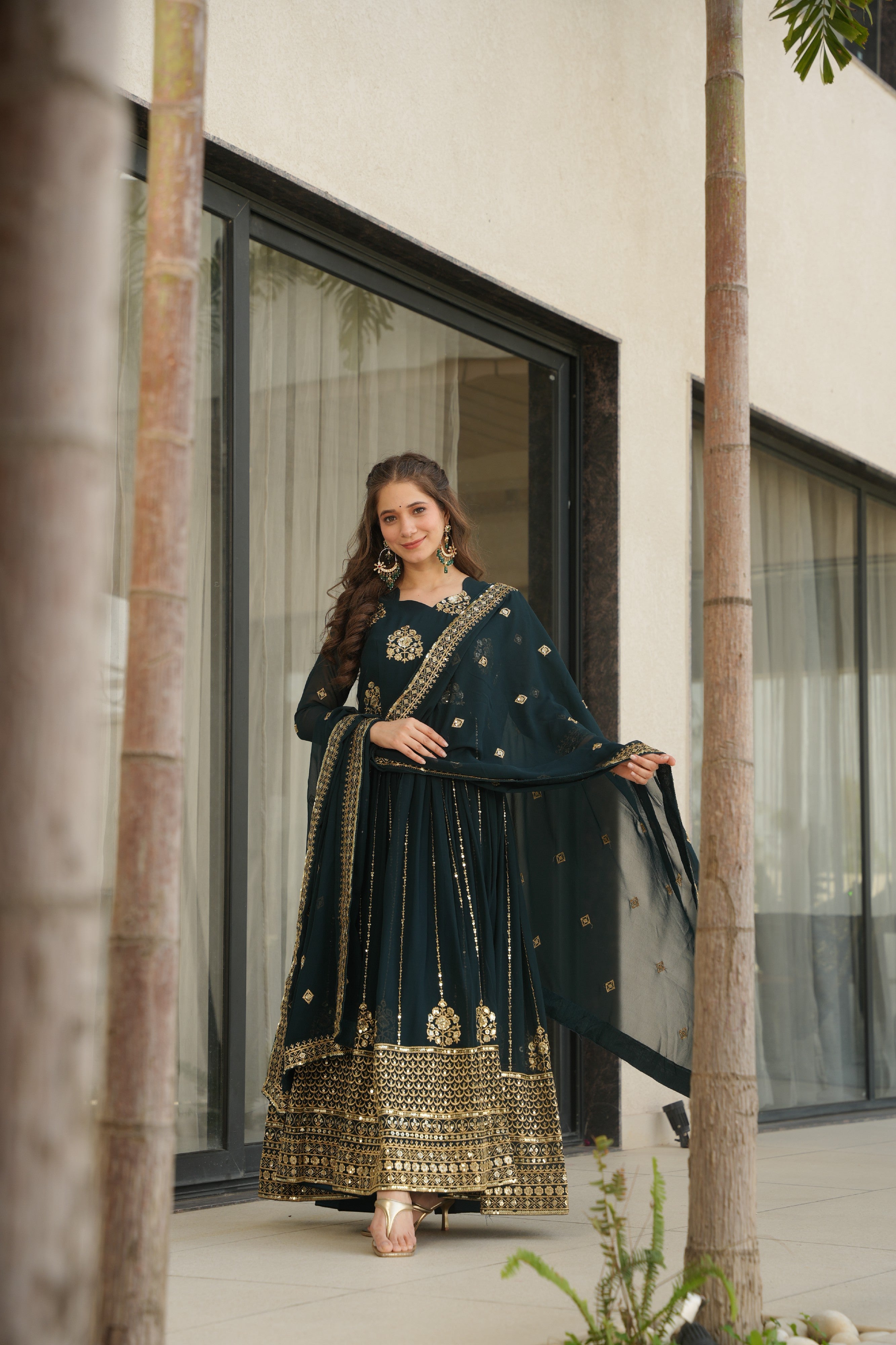 Sequins Embroidered Georgette Gown With Dupatta