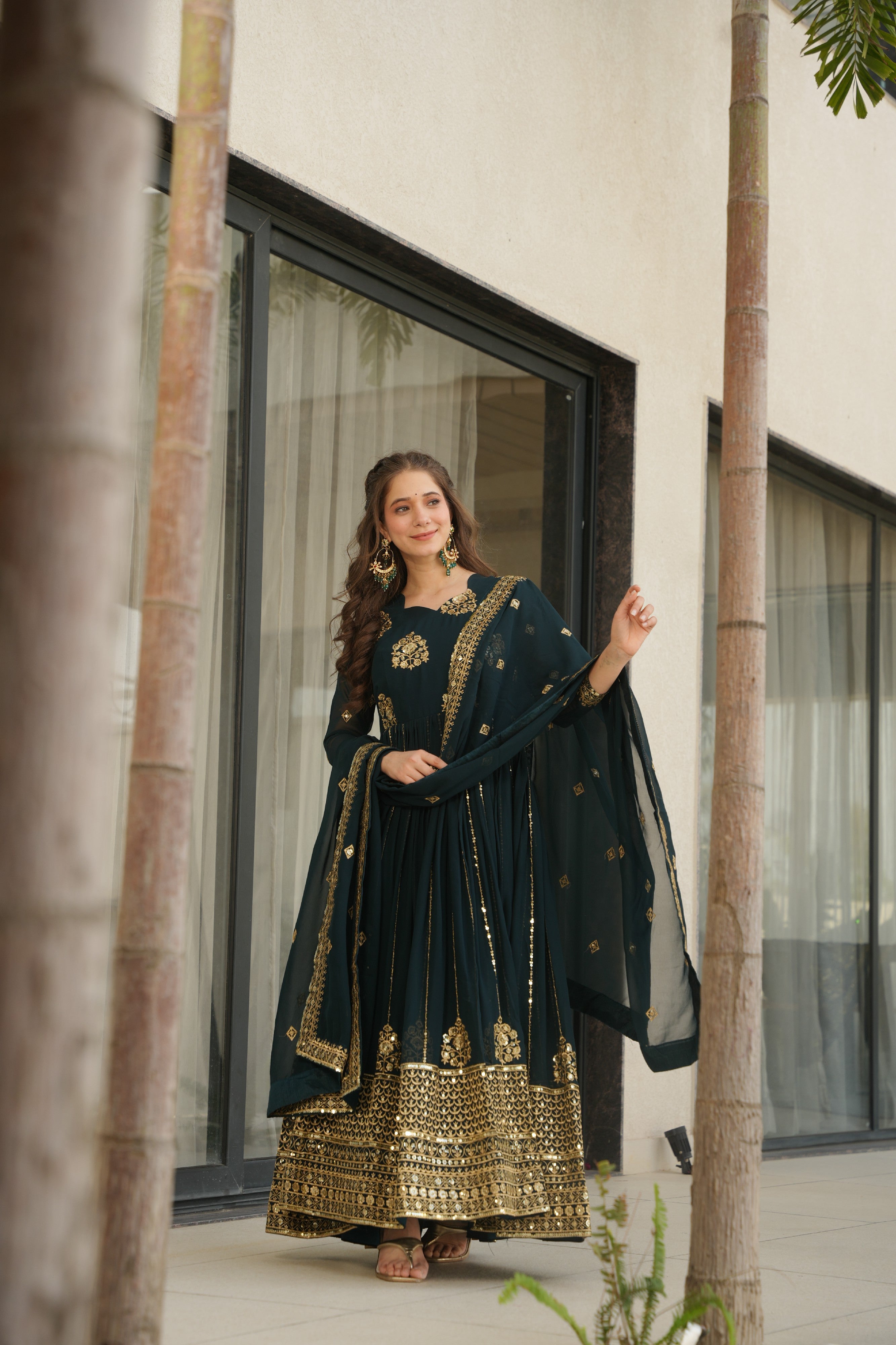 Sequins Embroidered Georgette Gown With Dupatta