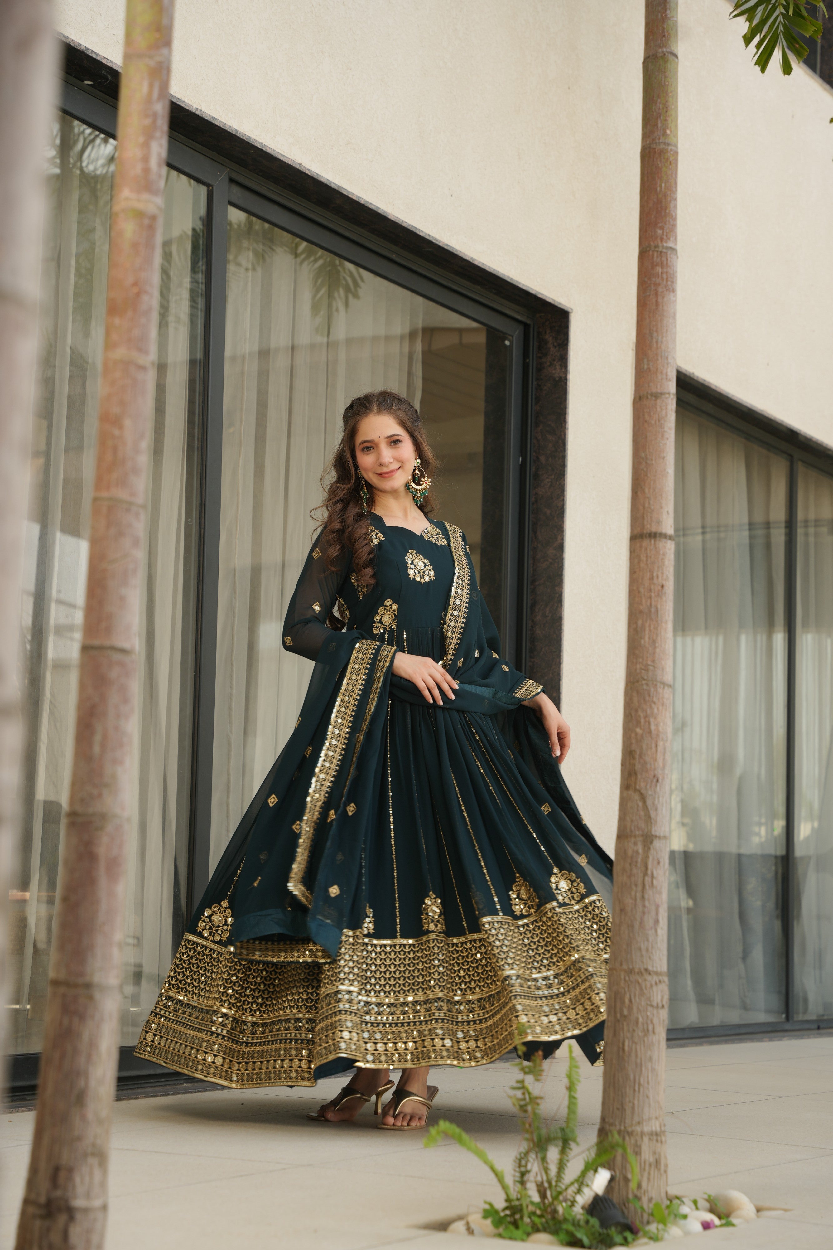 Sequins Embroidered Georgette Gown With Dupatta