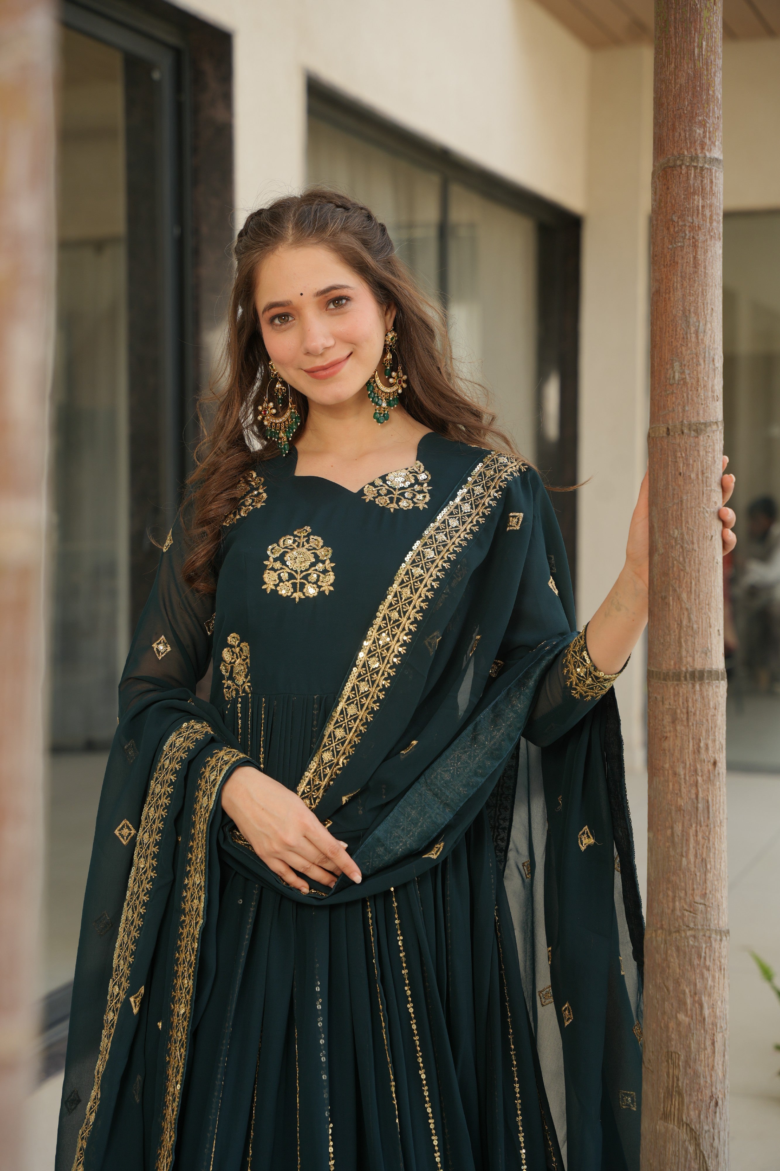Sequins Embroidered Georgette Gown With Dupatta