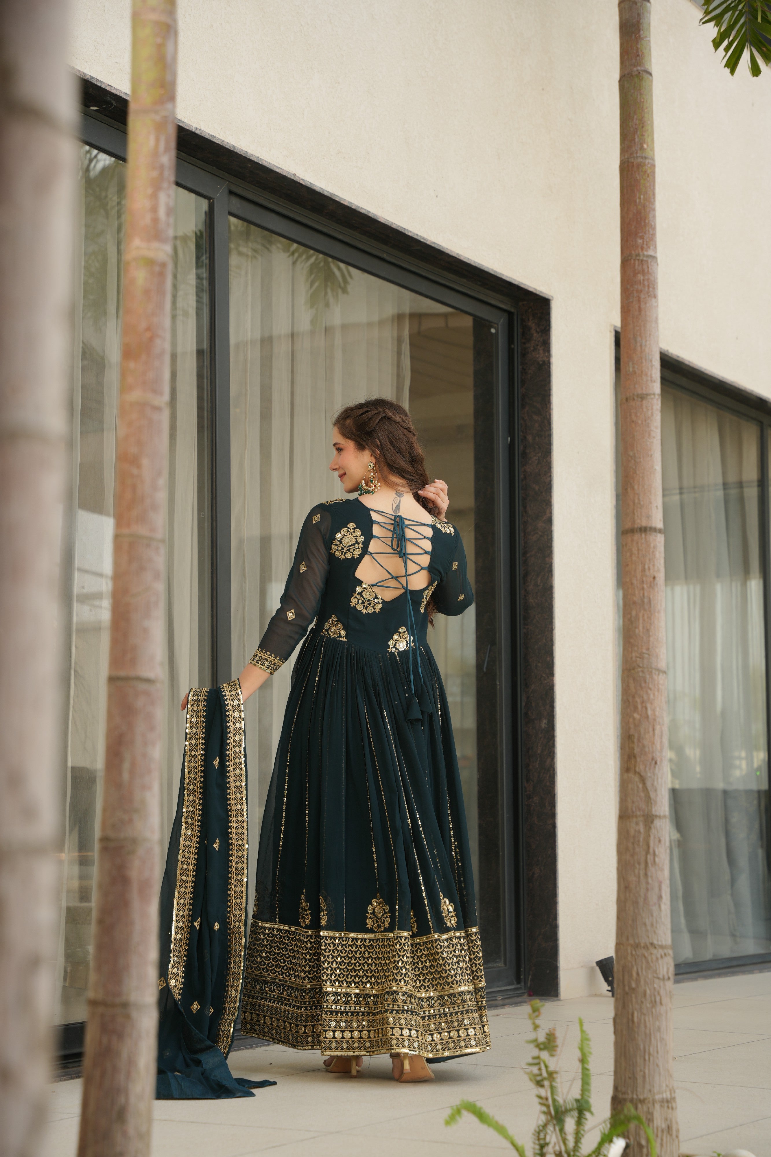 Sequins Embroidered Georgette Gown With Dupatta