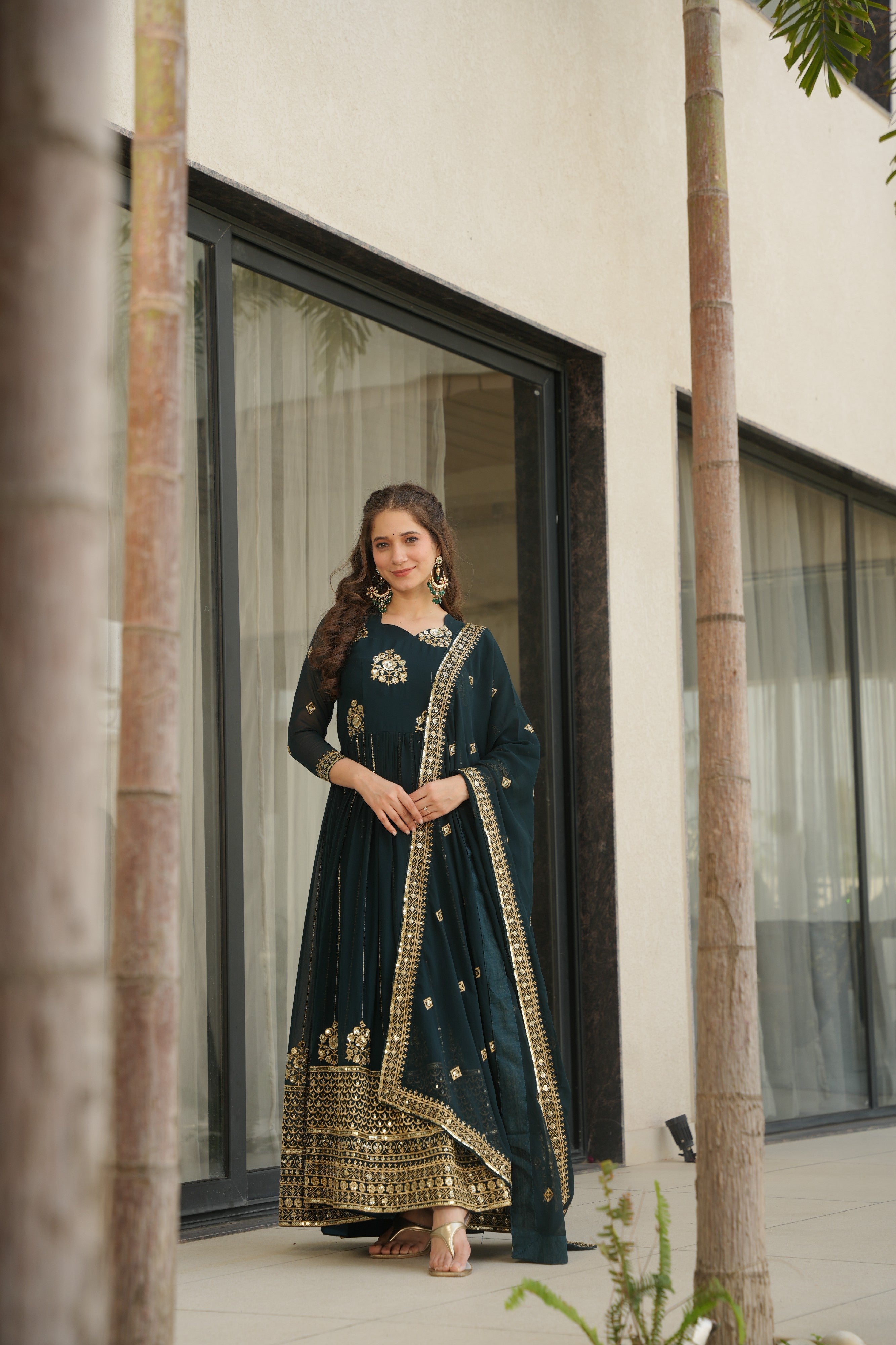 Sequins Embroidered Georgette Gown With Dupatta