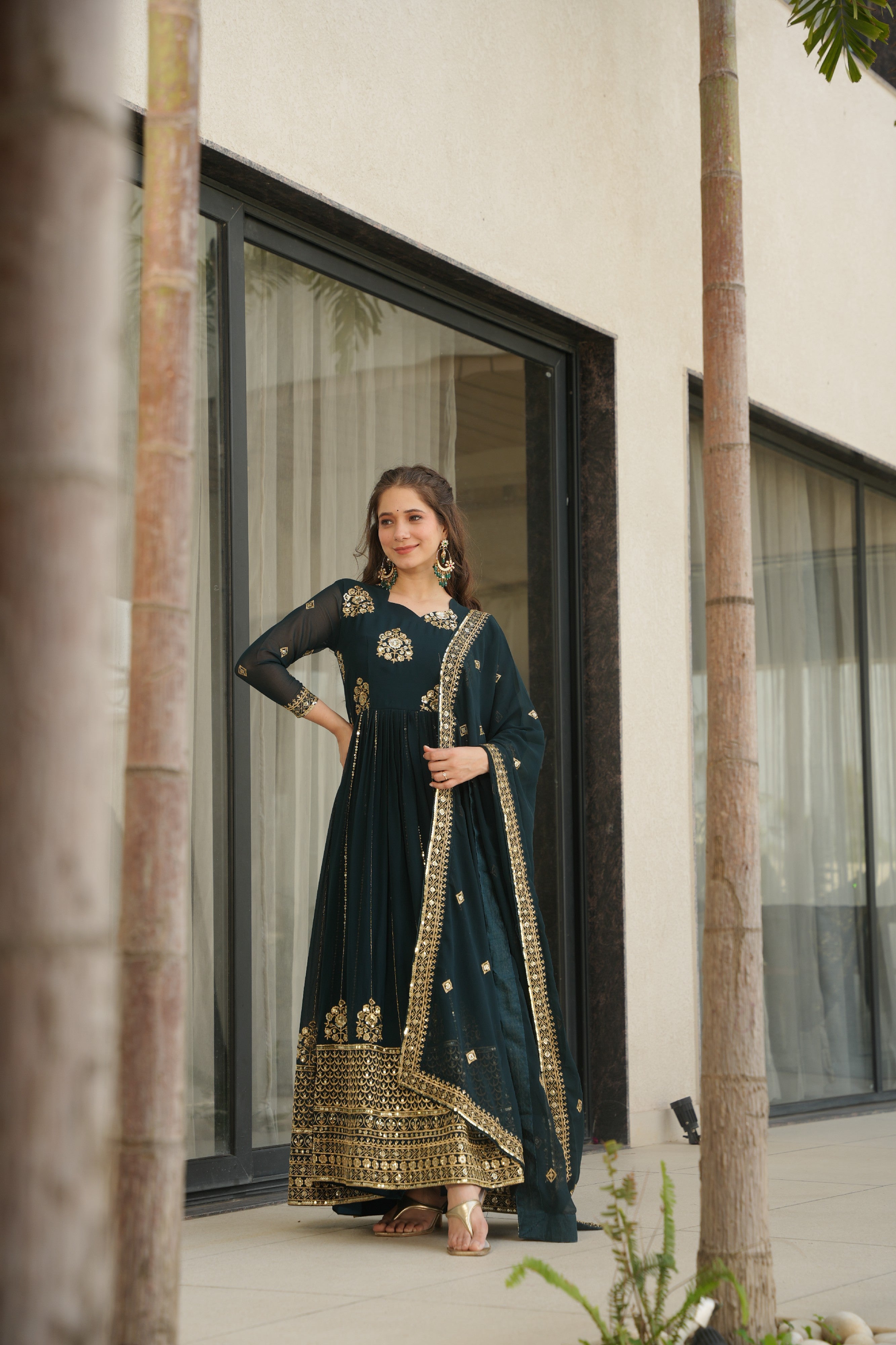 Sequins Embroidered Georgette Gown With Dupatta