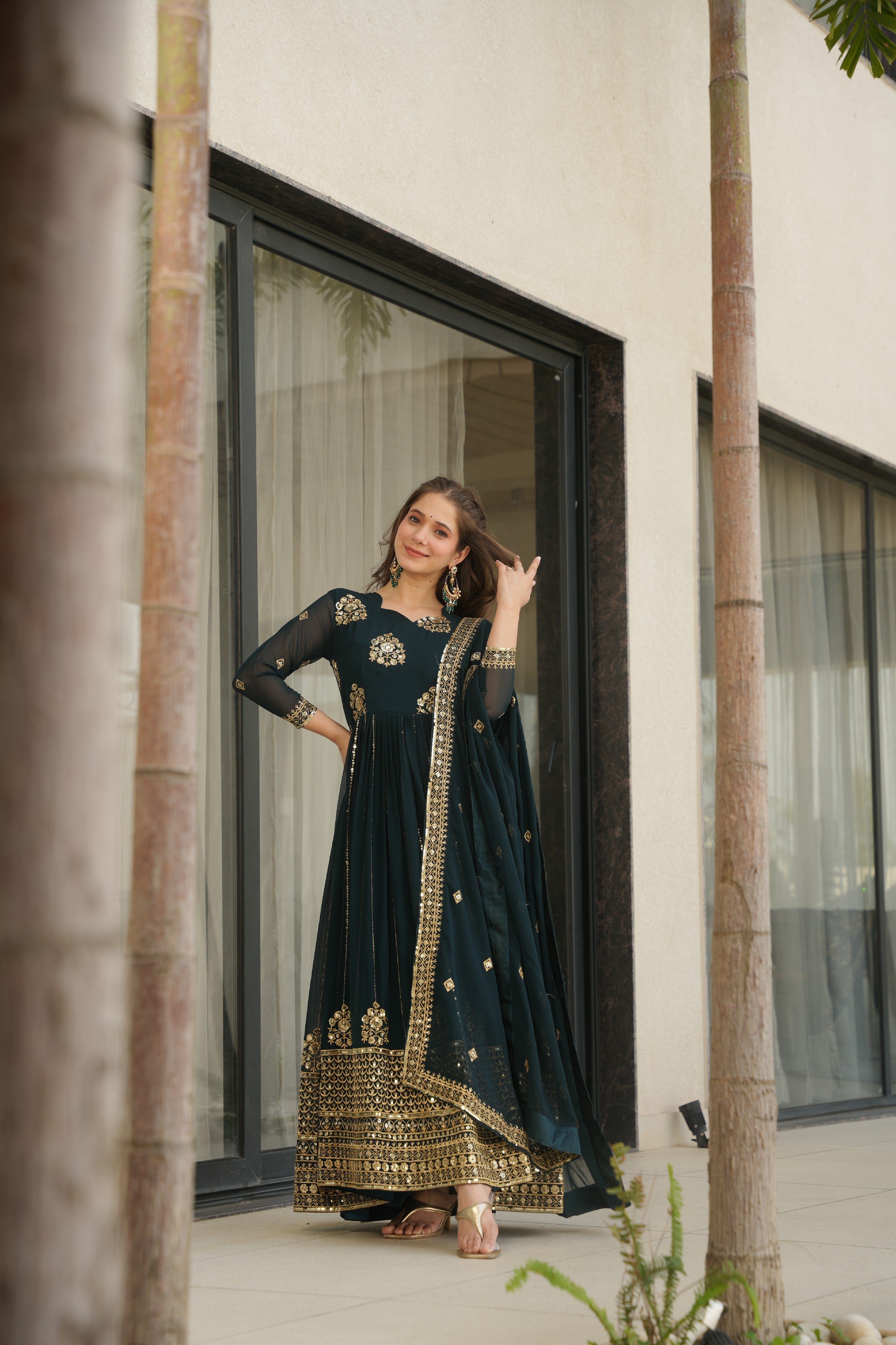Sequins Embroidered Georgette Gown With Dupatta