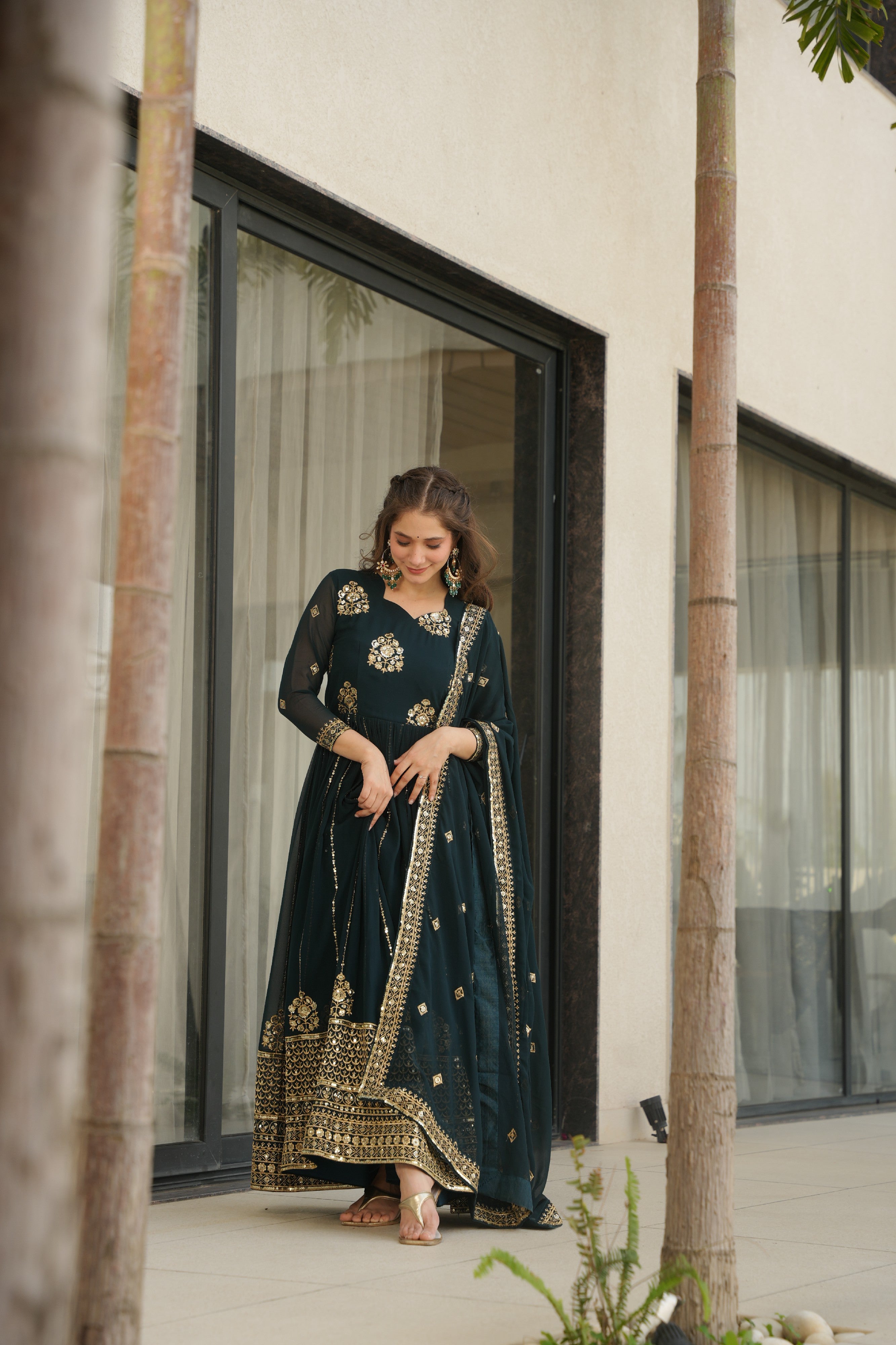 Sequins Embroidered Georgette Gown With Dupatta