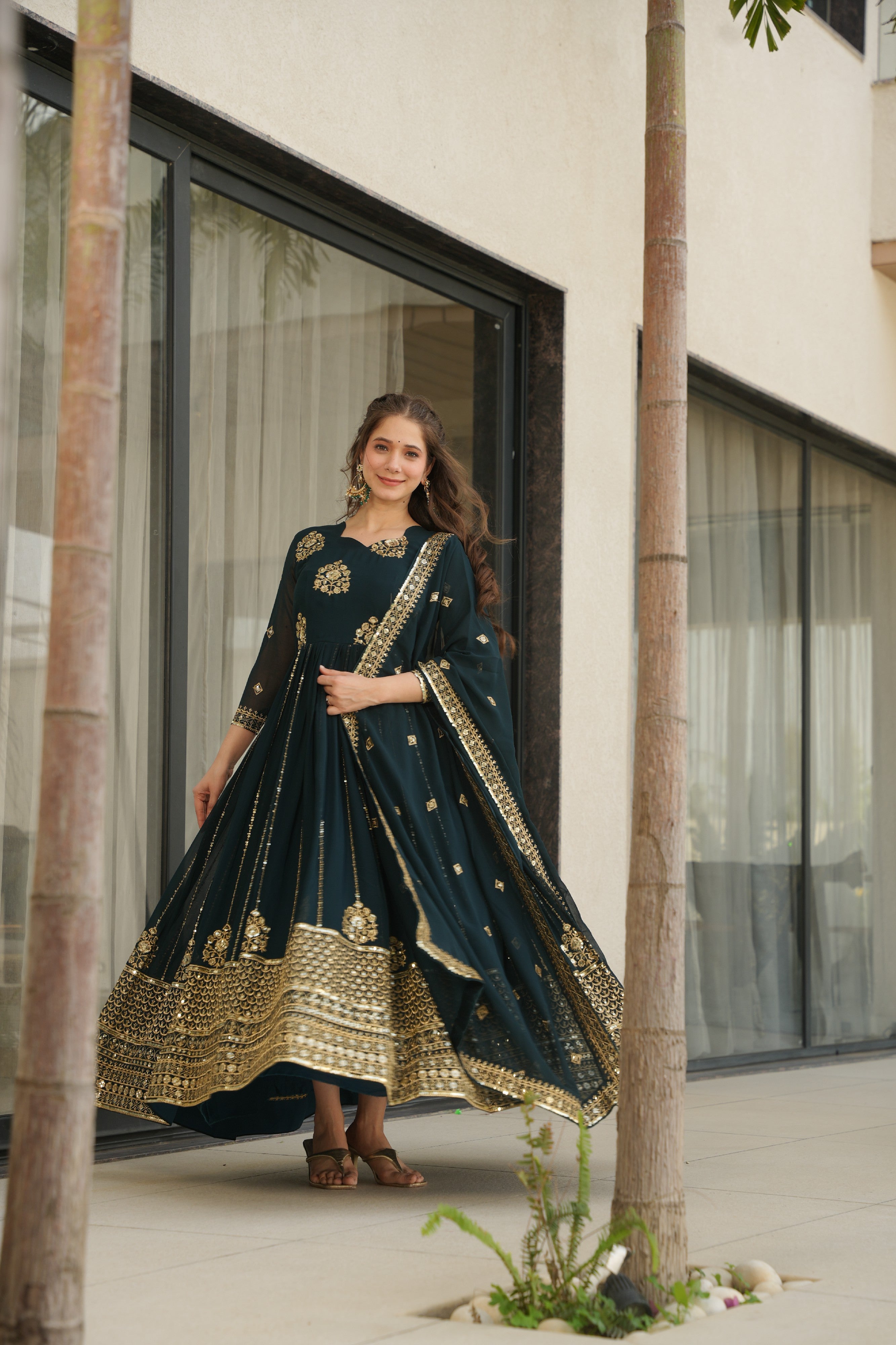 Sequins Embroidered Georgette Gown With Dupatta