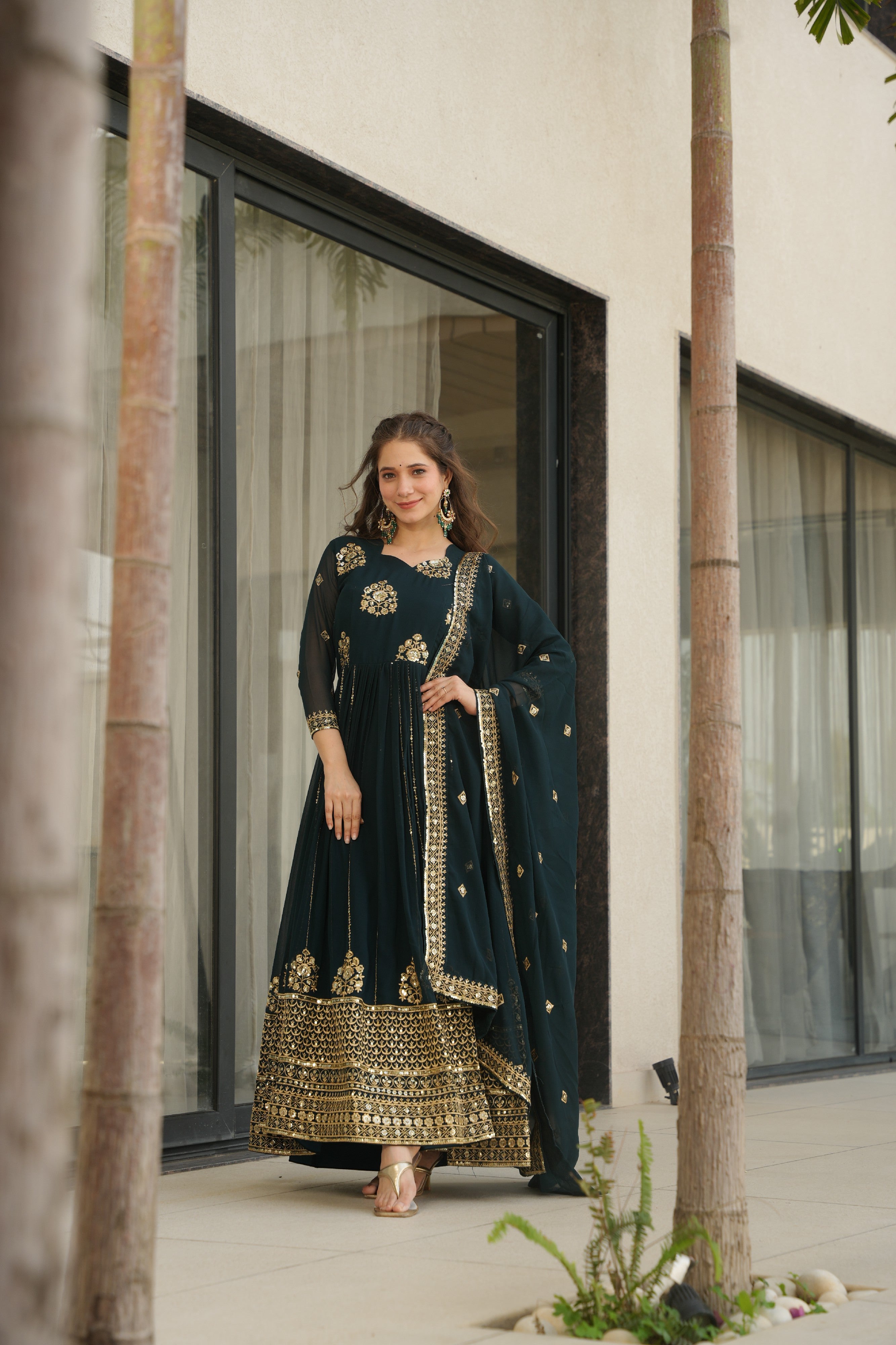 Sequins Embroidered Georgette Gown With Dupatta