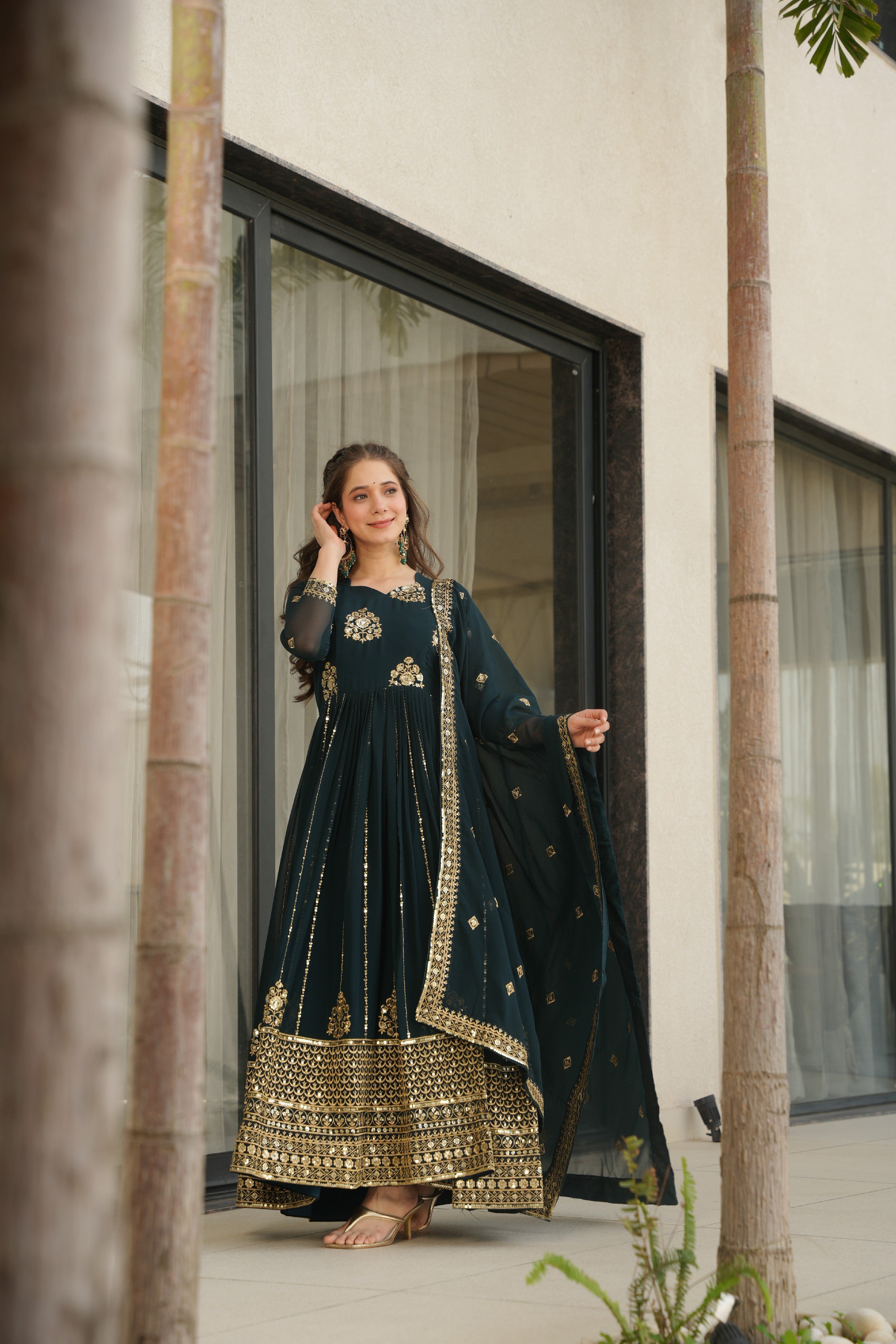 Sequins Embroidered Georgette Gown With Dupatta