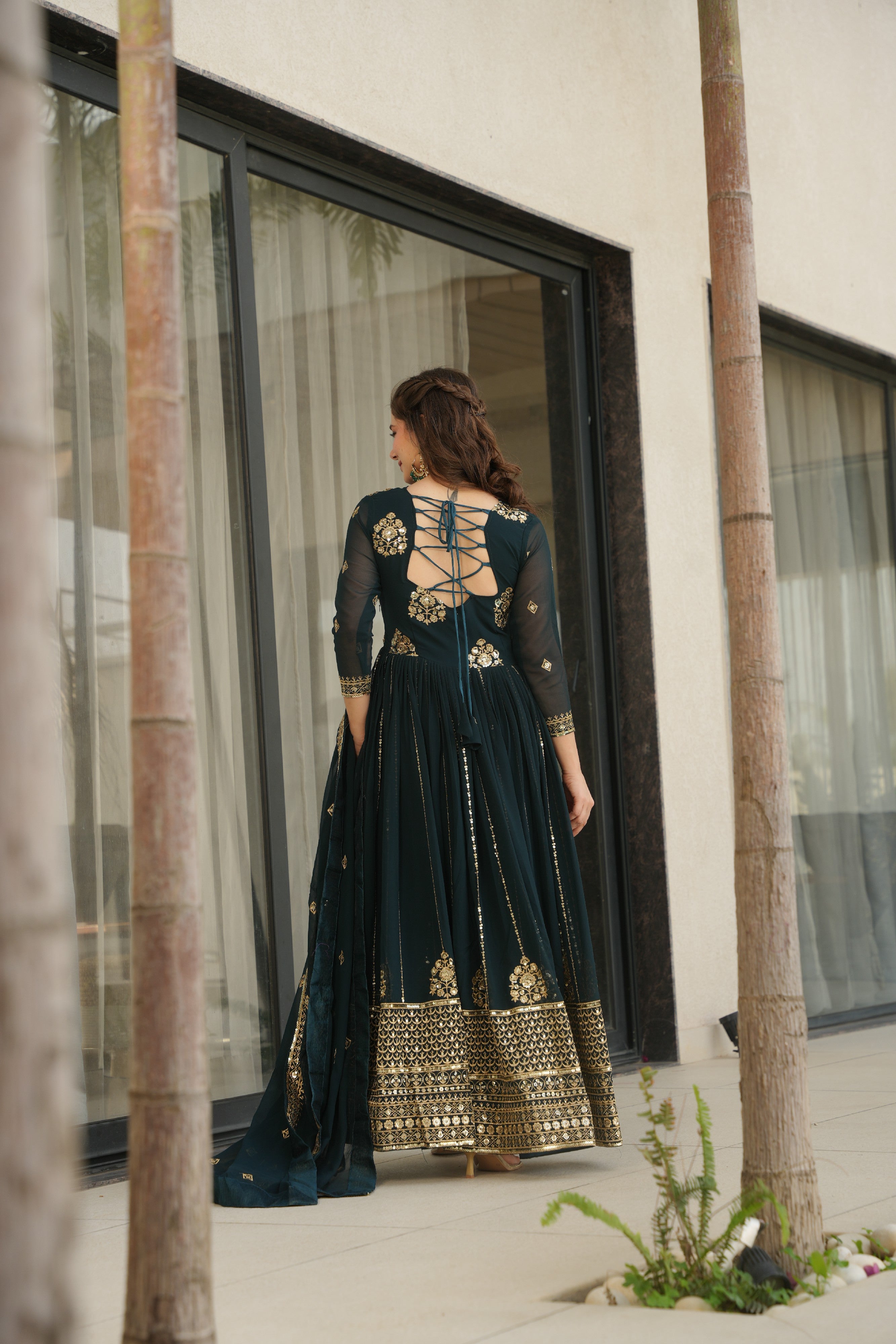 Sequins Embroidered Georgette Gown With Dupatta