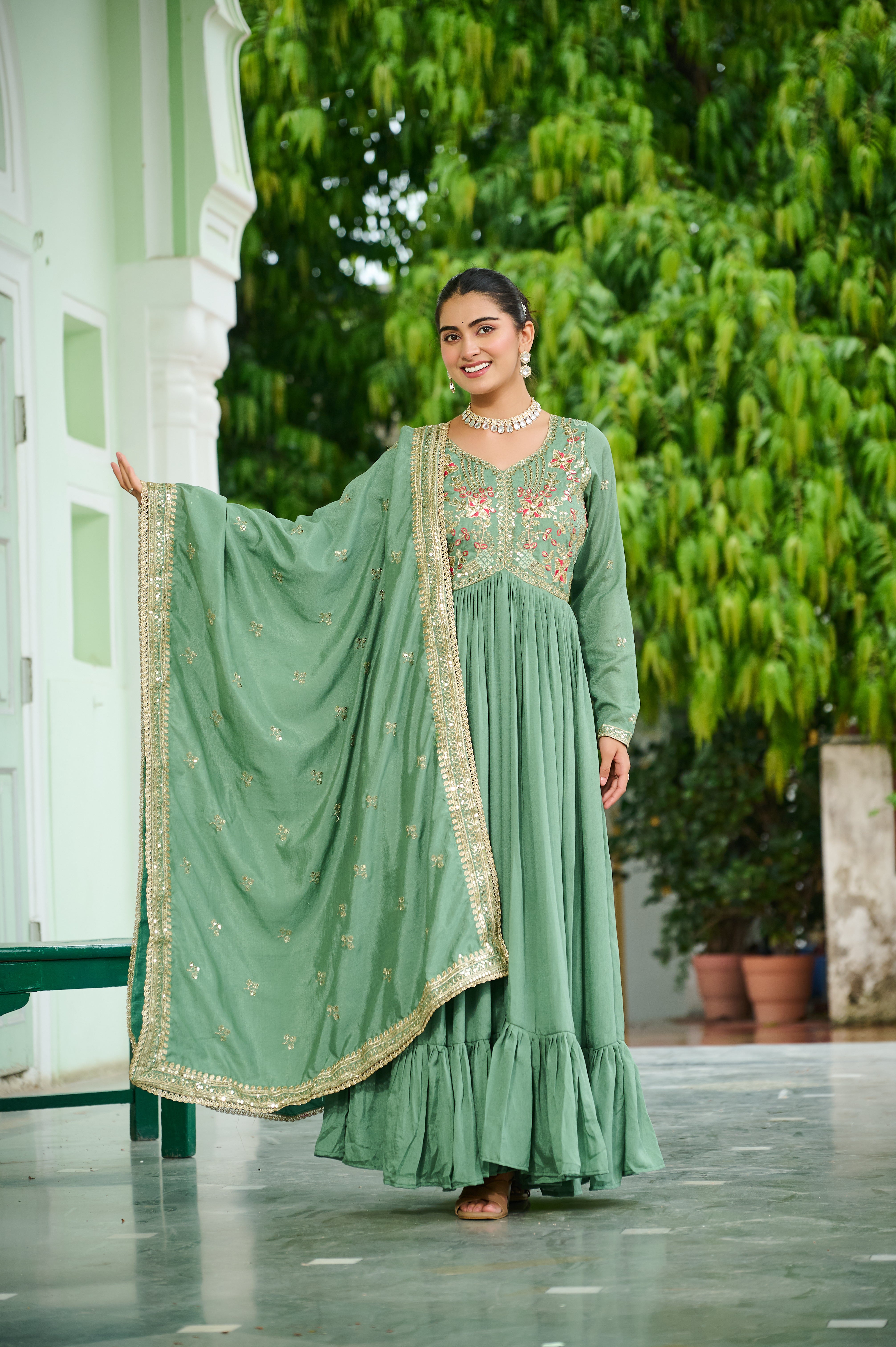 Silk Floral Embroidered Flared Gown With Dupatta