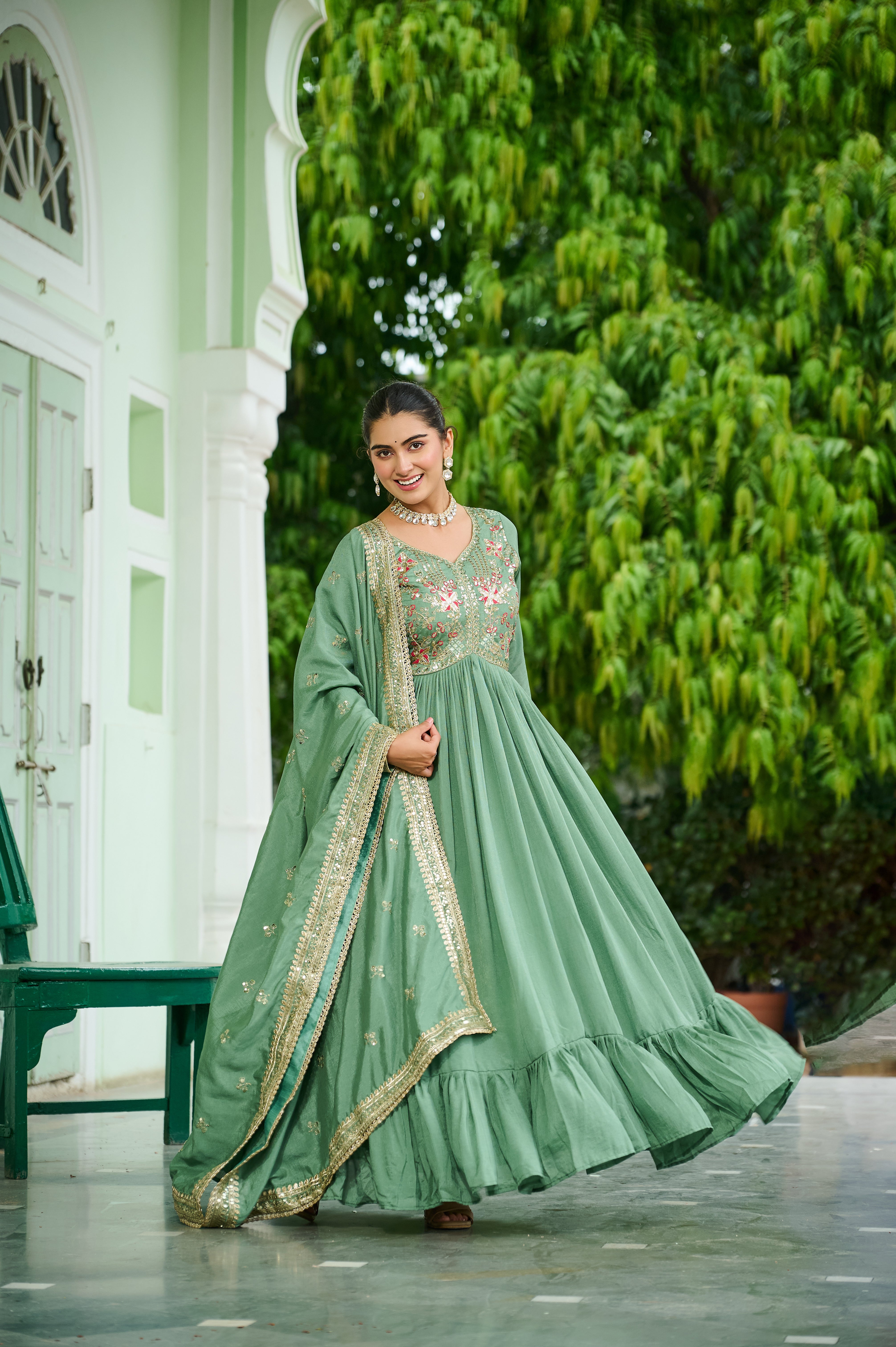Silk Floral Embroidered Flared Gown With Dupatta