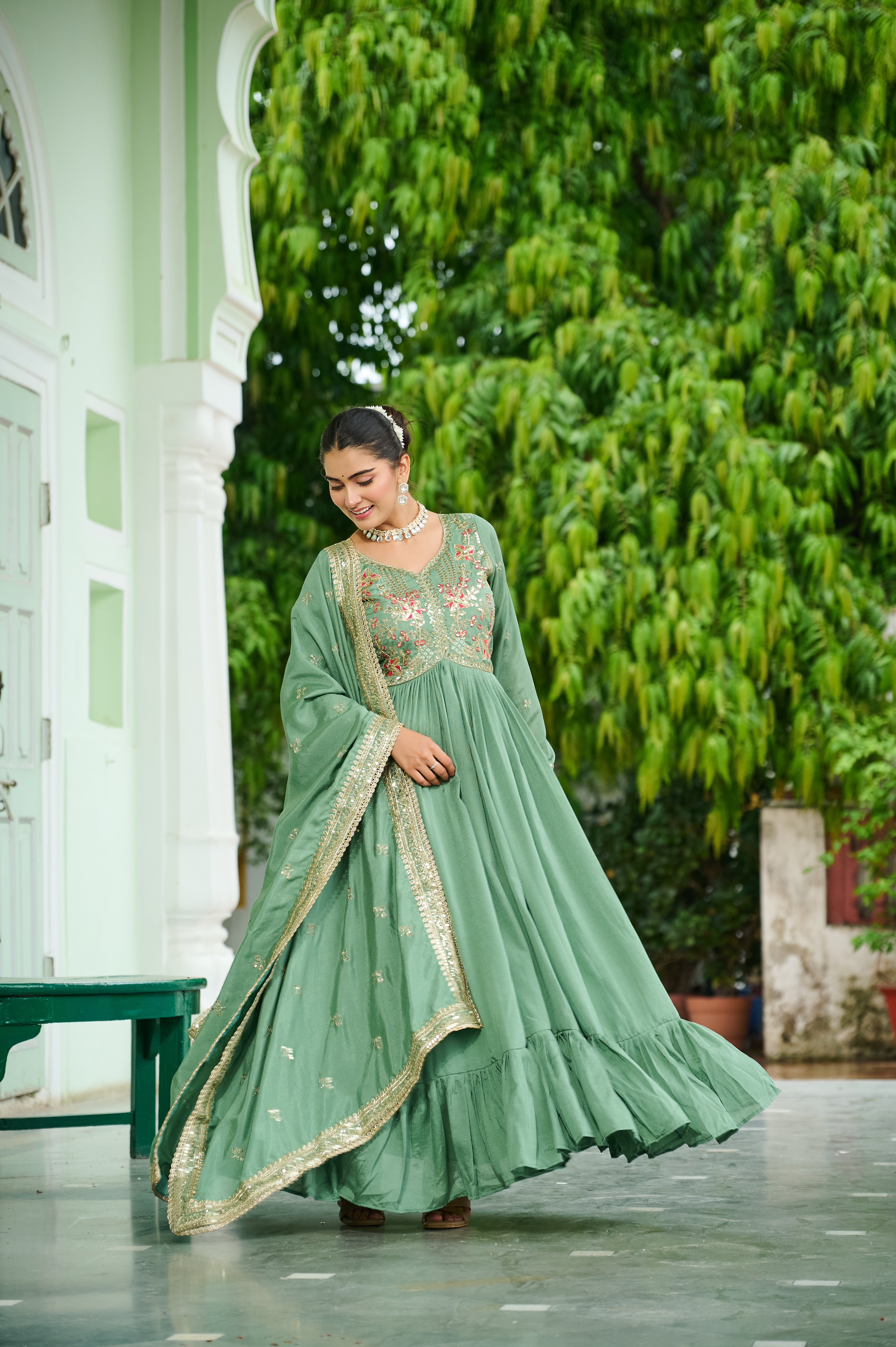 Silk Floral Embroidered Flared Gown With Dupatta