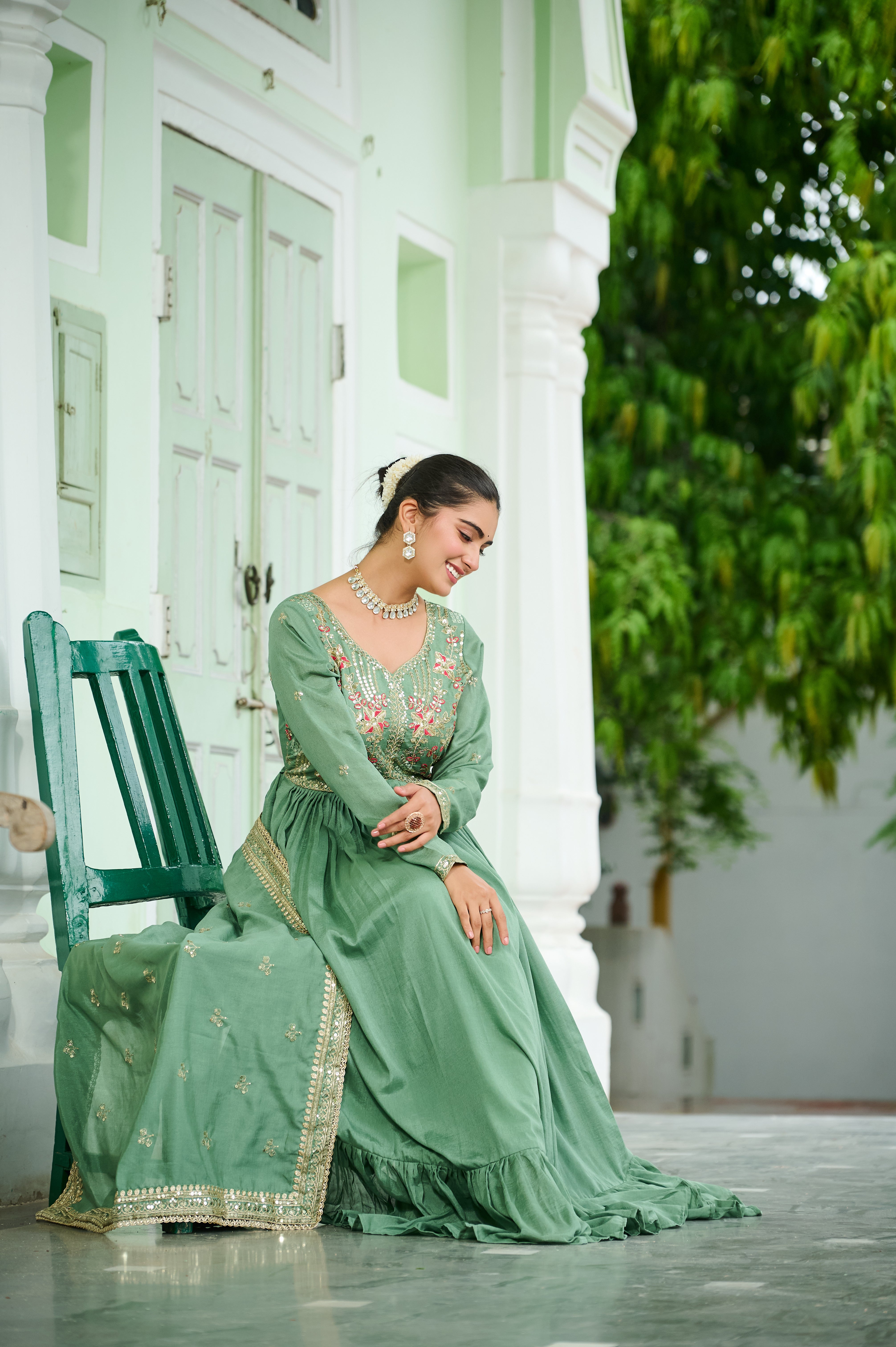 Silk Floral Embroidered Flared Gown With Dupatta