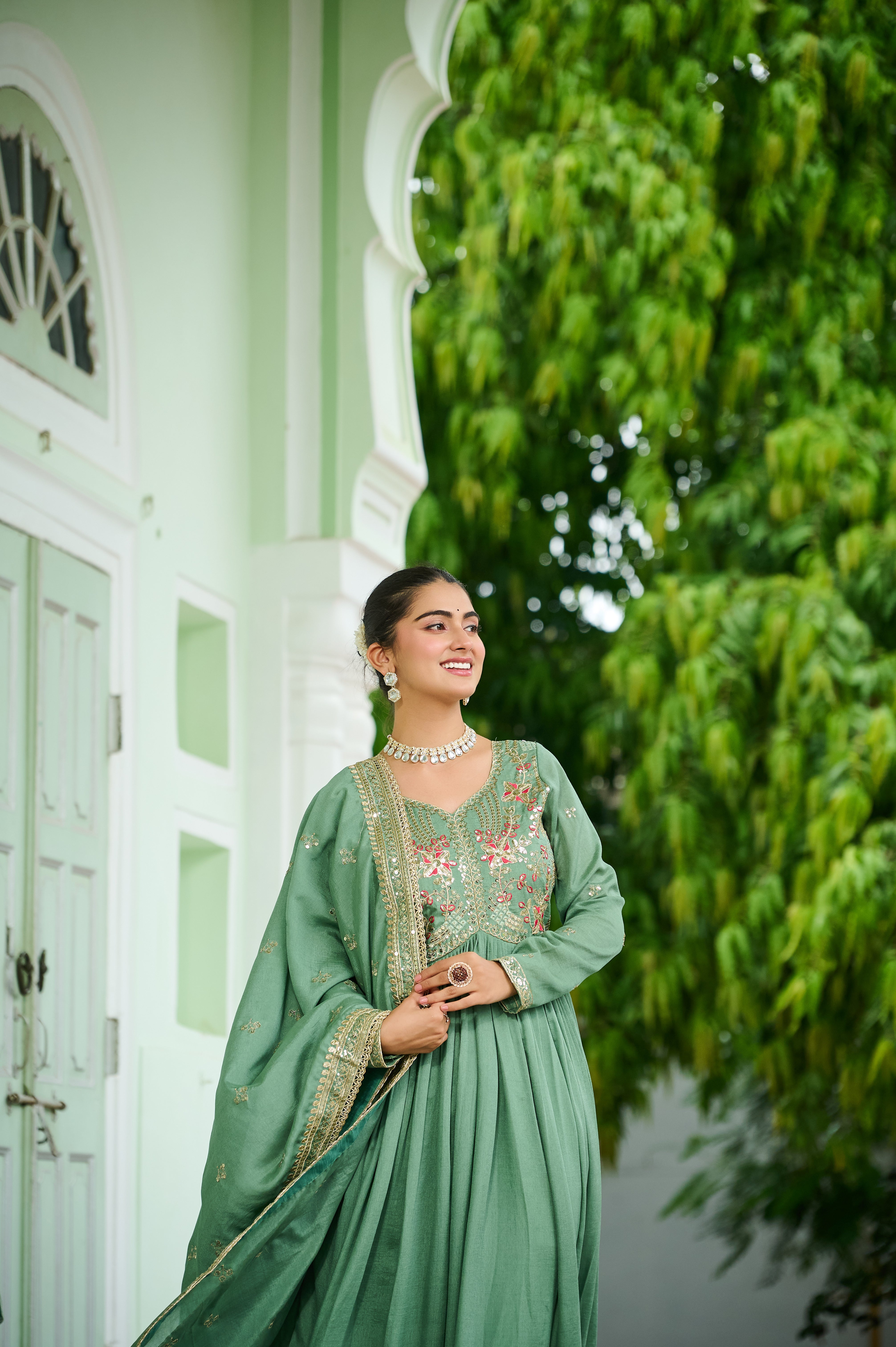 Silk Floral Embroidered Flared Gown With Dupatta