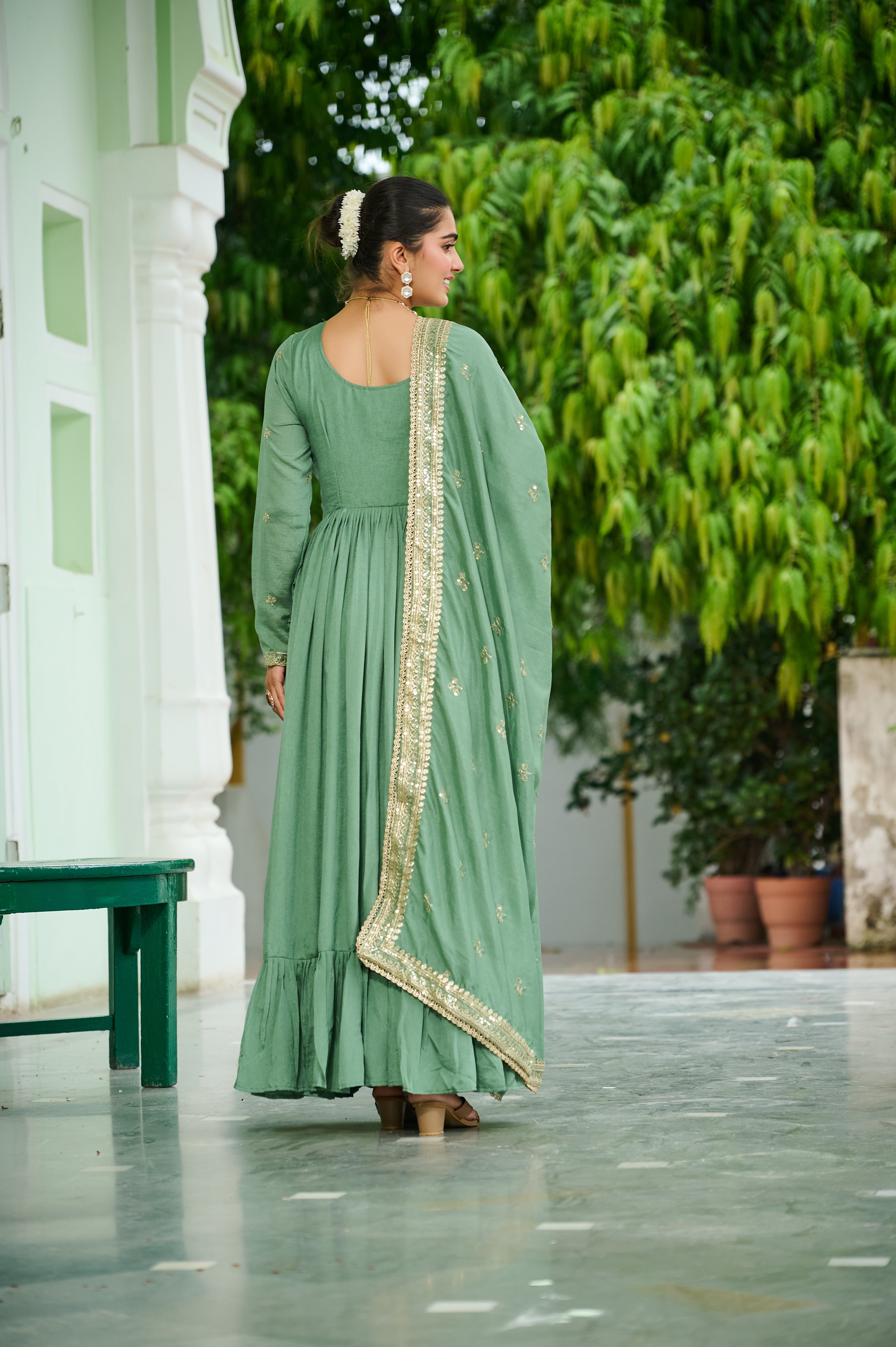 Silk Floral Embroidered Flared Gown With Dupatta