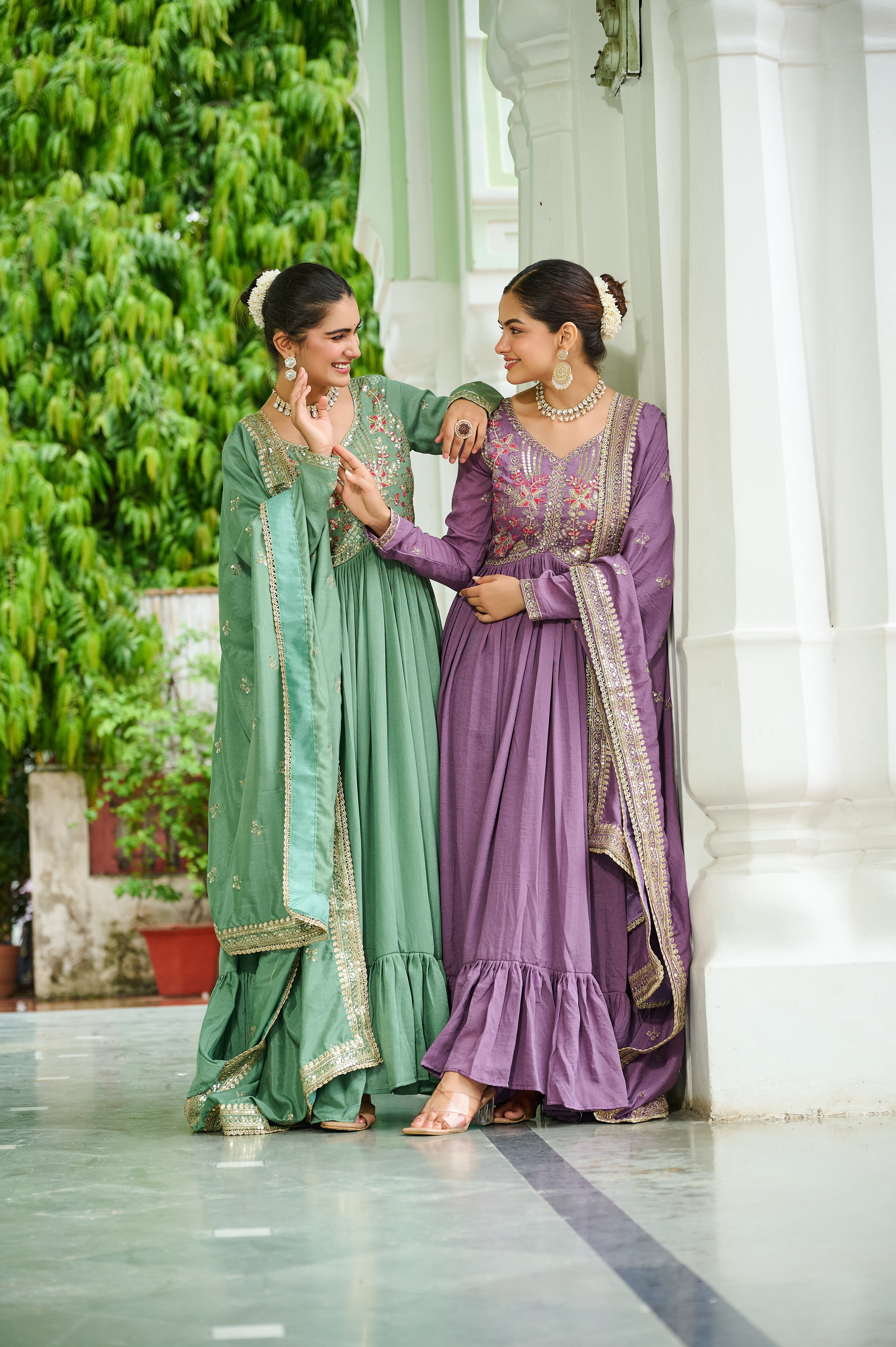 Silk Floral Embroidered Flared Gown With Dupatta