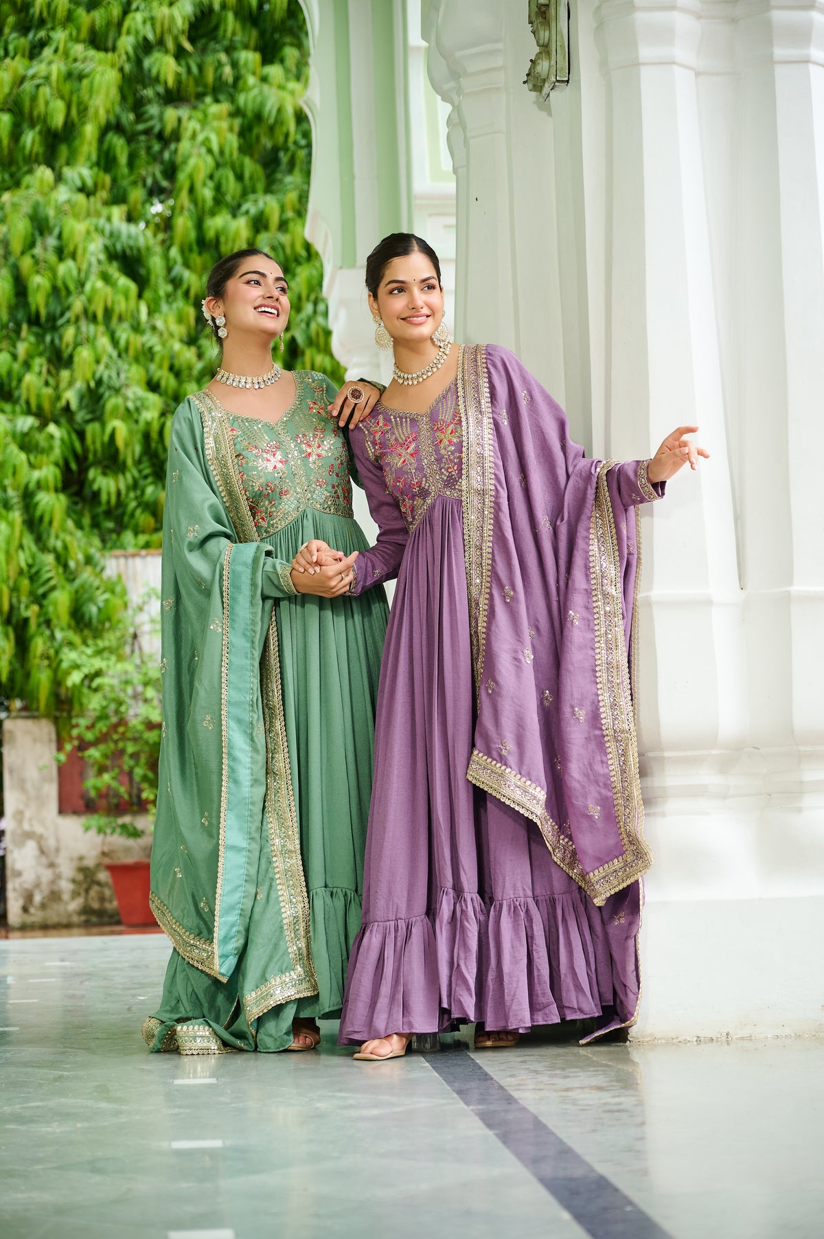 Silk Floral Embroidered Flared Gown With Dupatta
