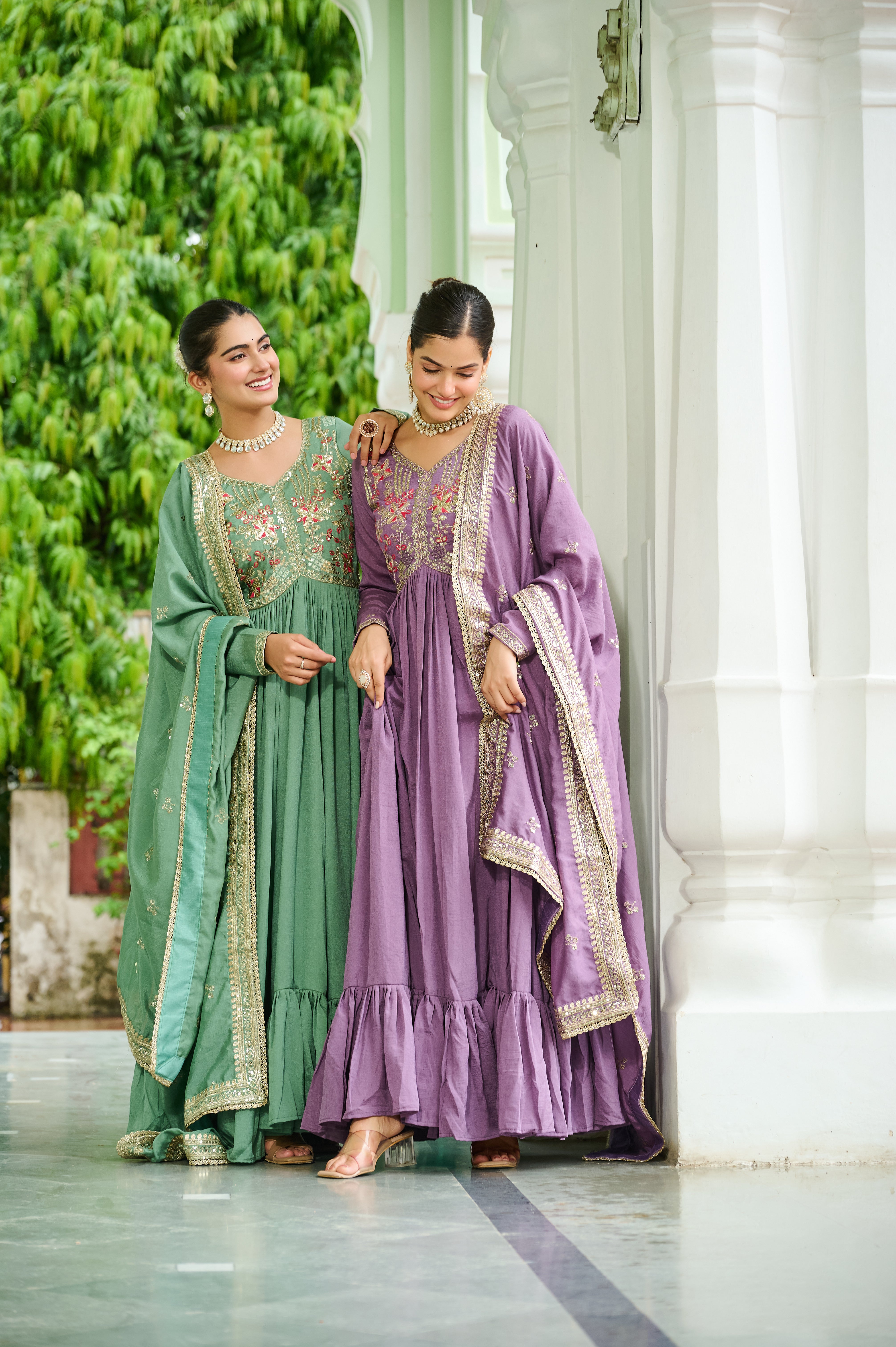 Silk Floral Embroidered Flared Gown With Dupatta