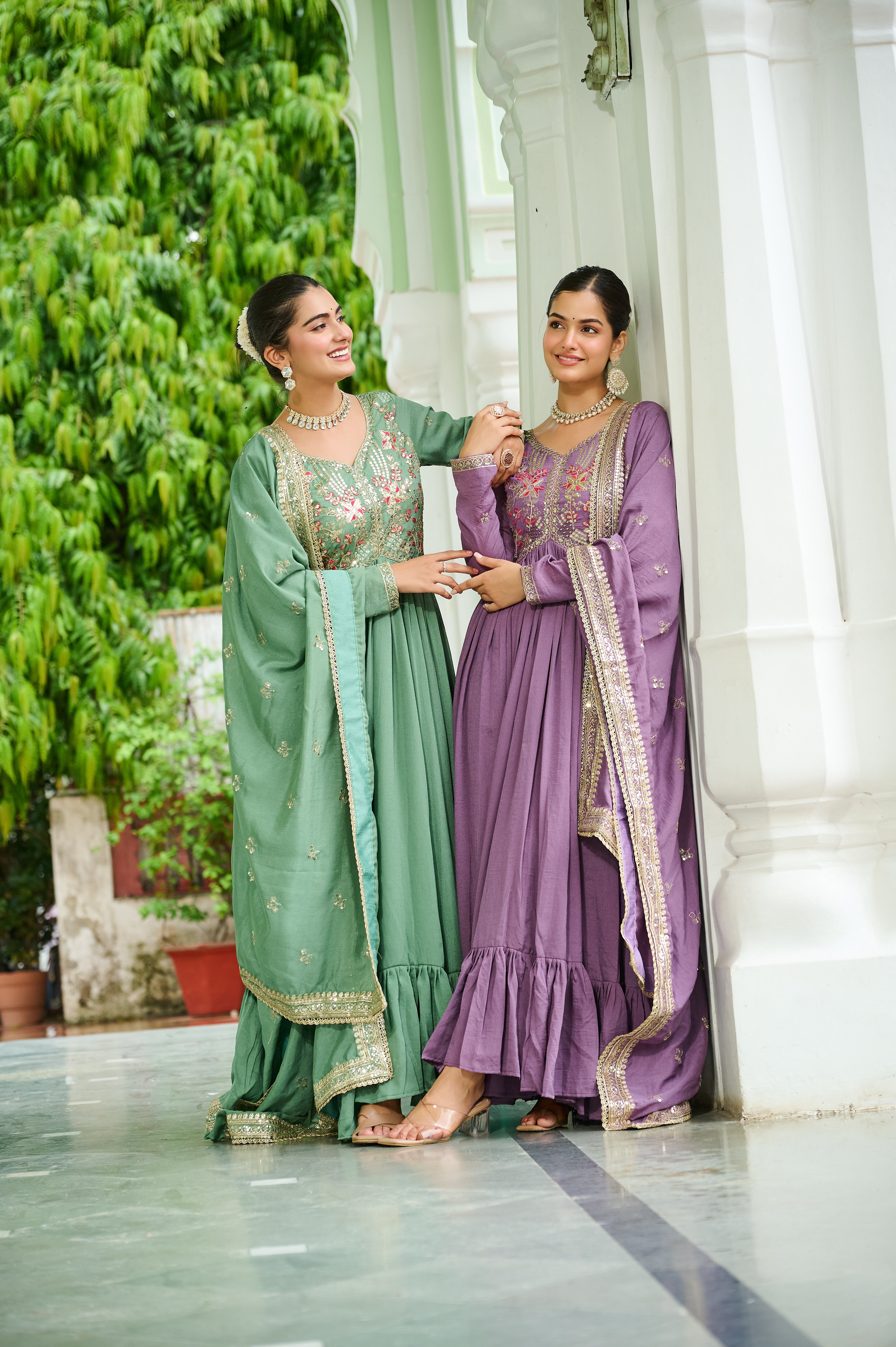 Silk Floral Embroidered Flared Gown With Dupatta
