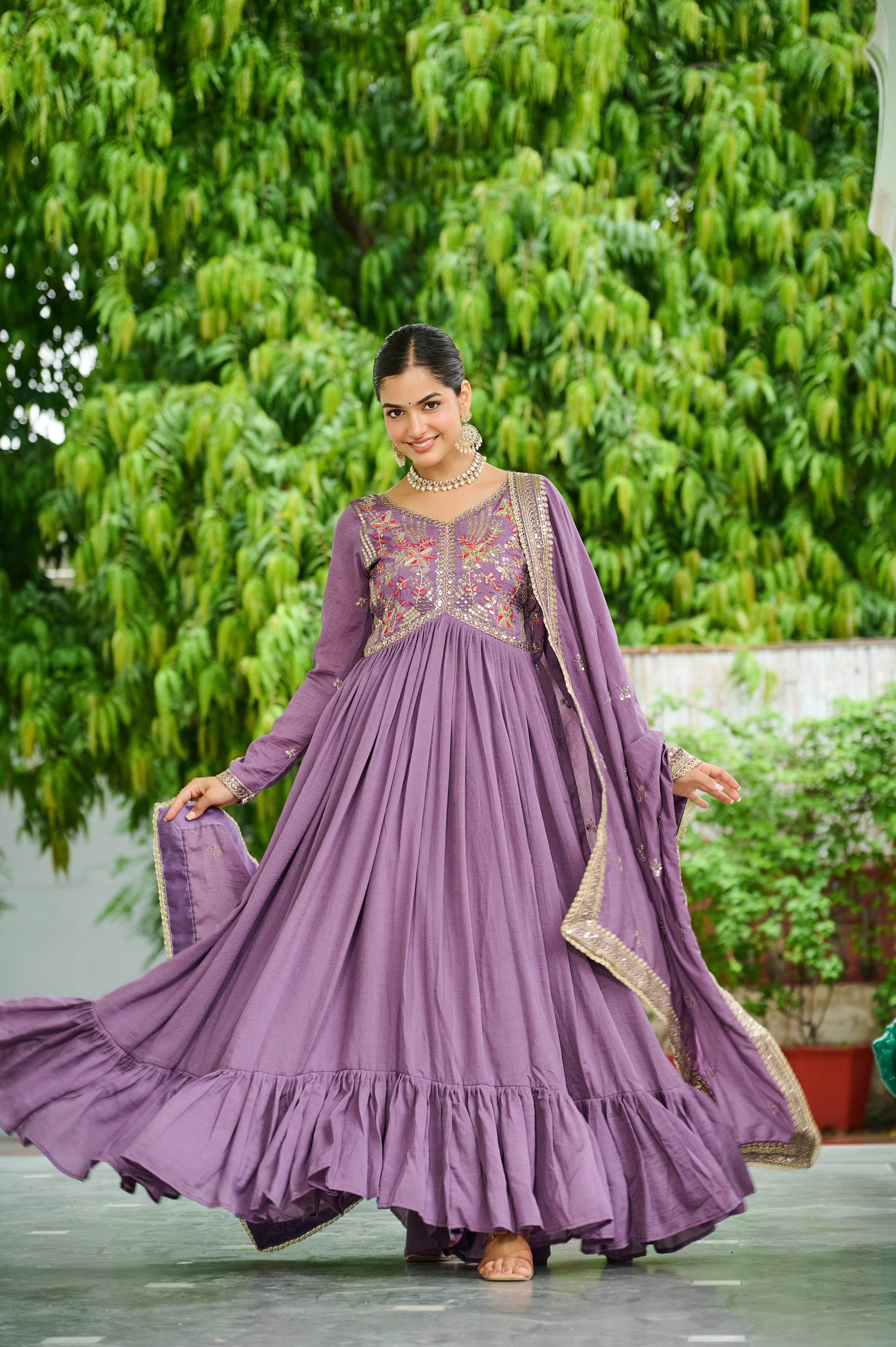 Silk Floral Embroidered Flared Gown With Dupatta
