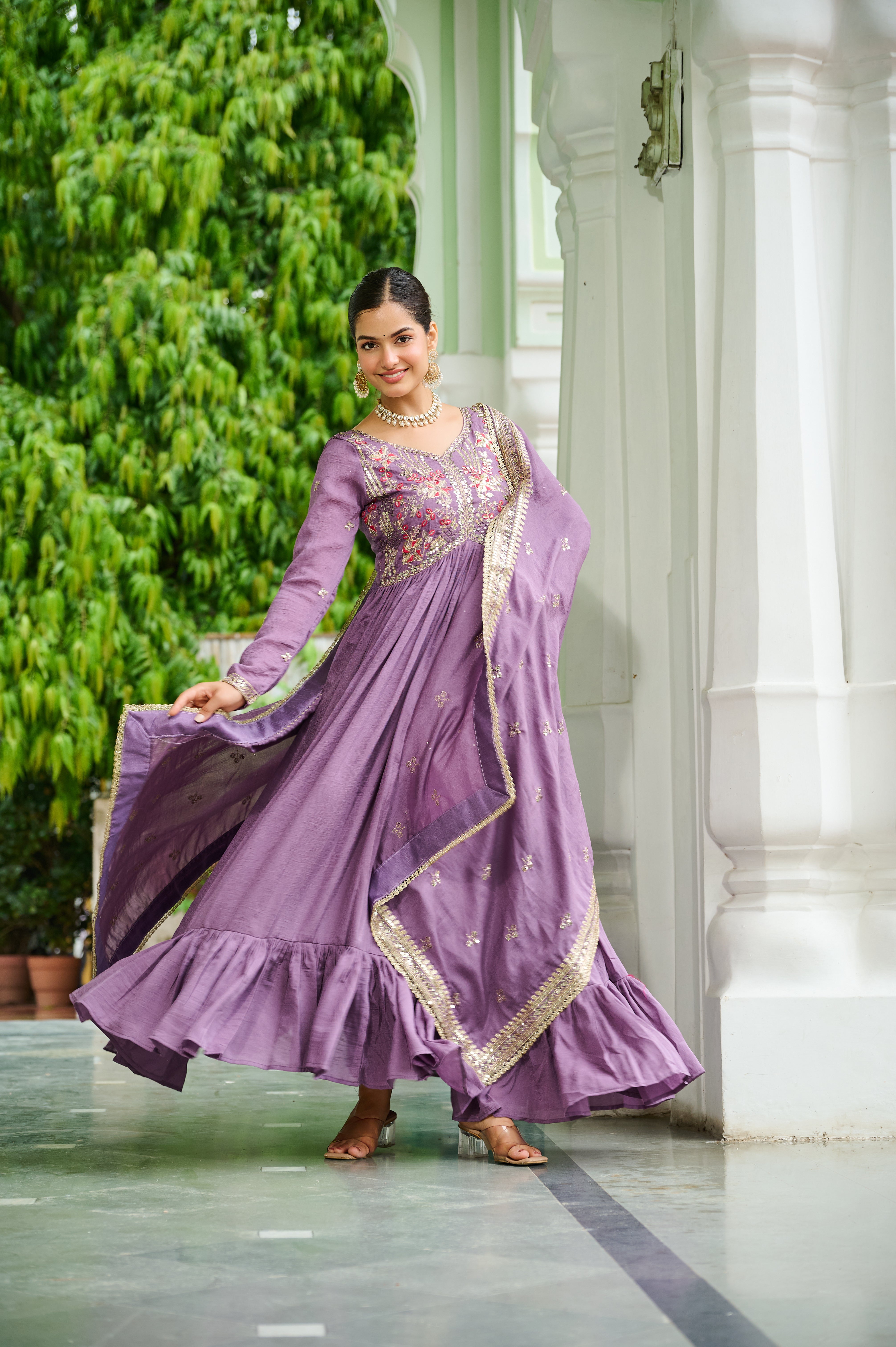 Silk Floral Embroidered Flared Gown With Dupatta