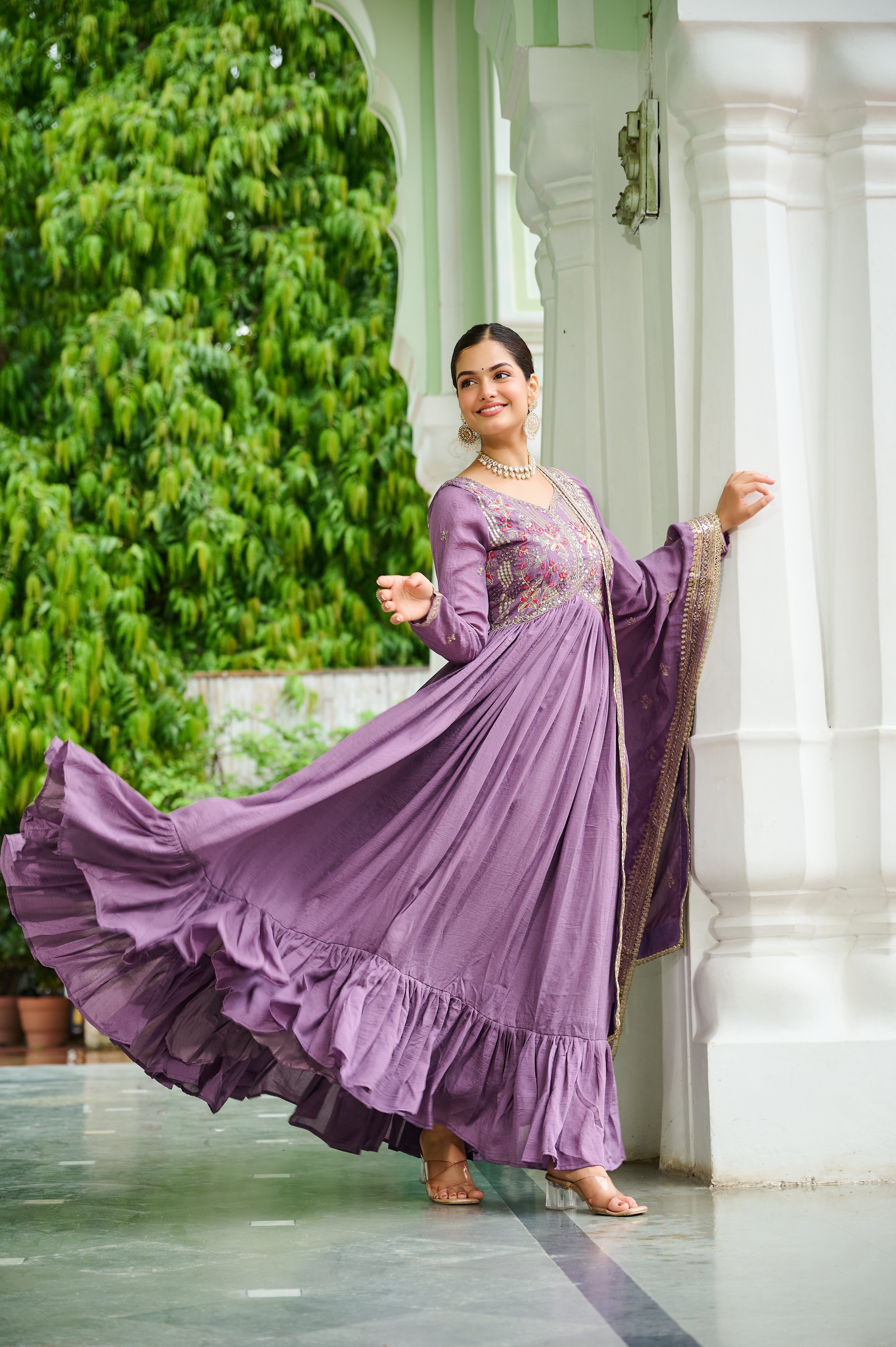 Silk Floral Embroidered Flared Gown With Dupatta